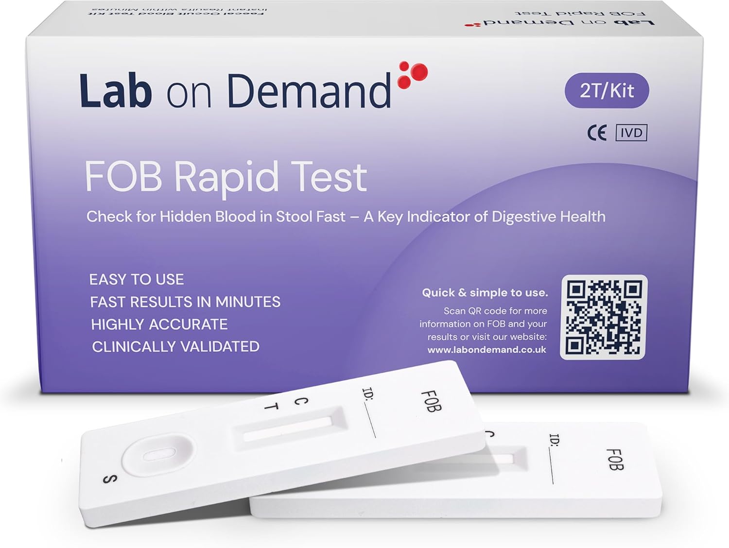 Lab on Demand FOB Stool Testing Kit 2T Pack - at-Home Fecal Occult Blood Bowel Health Test Kit - Fast & Accurate Results in Minutes, CE-Certified Fit Test for Digestive Care & Colorectal Screening