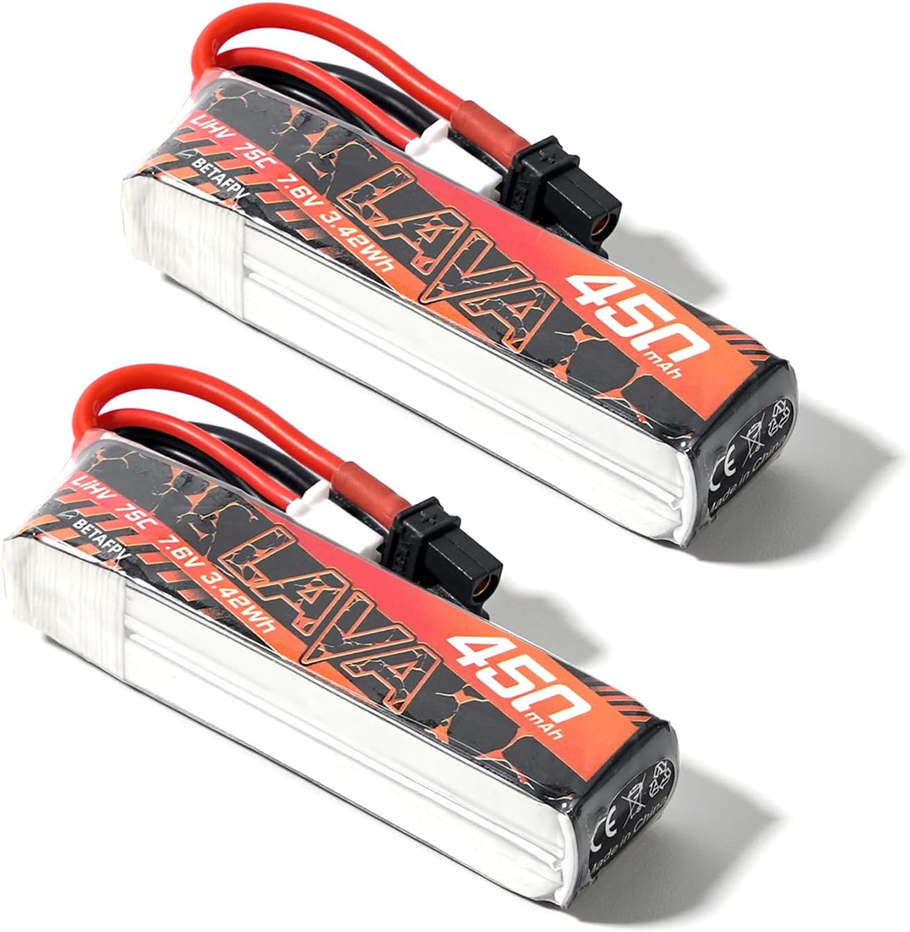 BETAFPV 2pcs Lava 450mAh 2S 7.6V LiHV 75C FPV Lipo Battery with XT30 Connector, Rechargable Lipo Battery, for 2S FPV Racing Whoop Drone Quadcopters Like Meteor85, Pavo Pico 2S Brushless Drones