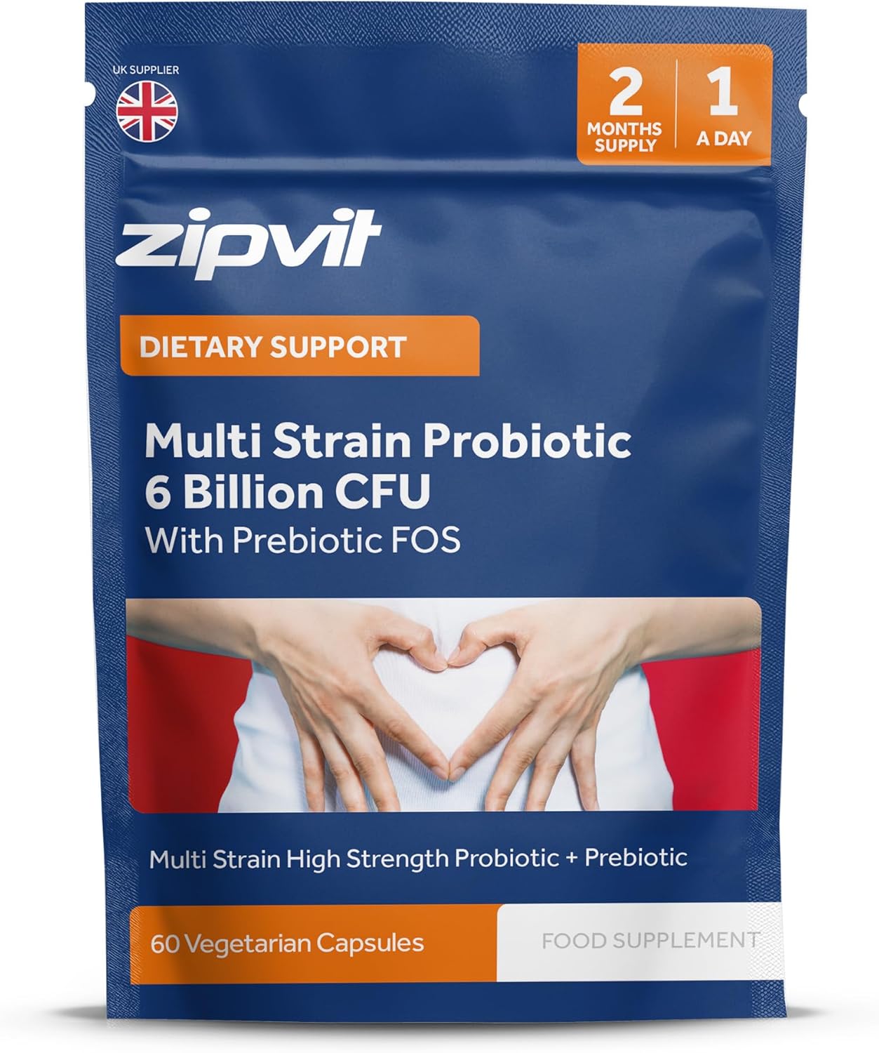 Zipvit Probiotics 6 Billion CFU with Prebiotic, Includes Lactobacillus & Bifidobacterium, Multi Strain Probiotic, 60 Vegetarian Capsules, 2 Months Supply, Eco-Friendly Pouch