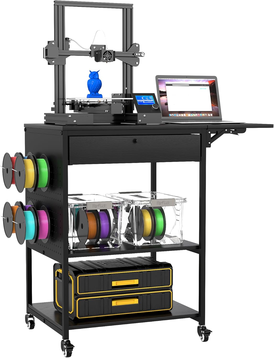 3-Tier Mobile 3D Printer Table with Storage Shelf and Drawer, Multi-Purpose Desktop Organizer Storage Shelf, Rolling Printer Cart for Office Home(90cm x 50cm x 80cm)