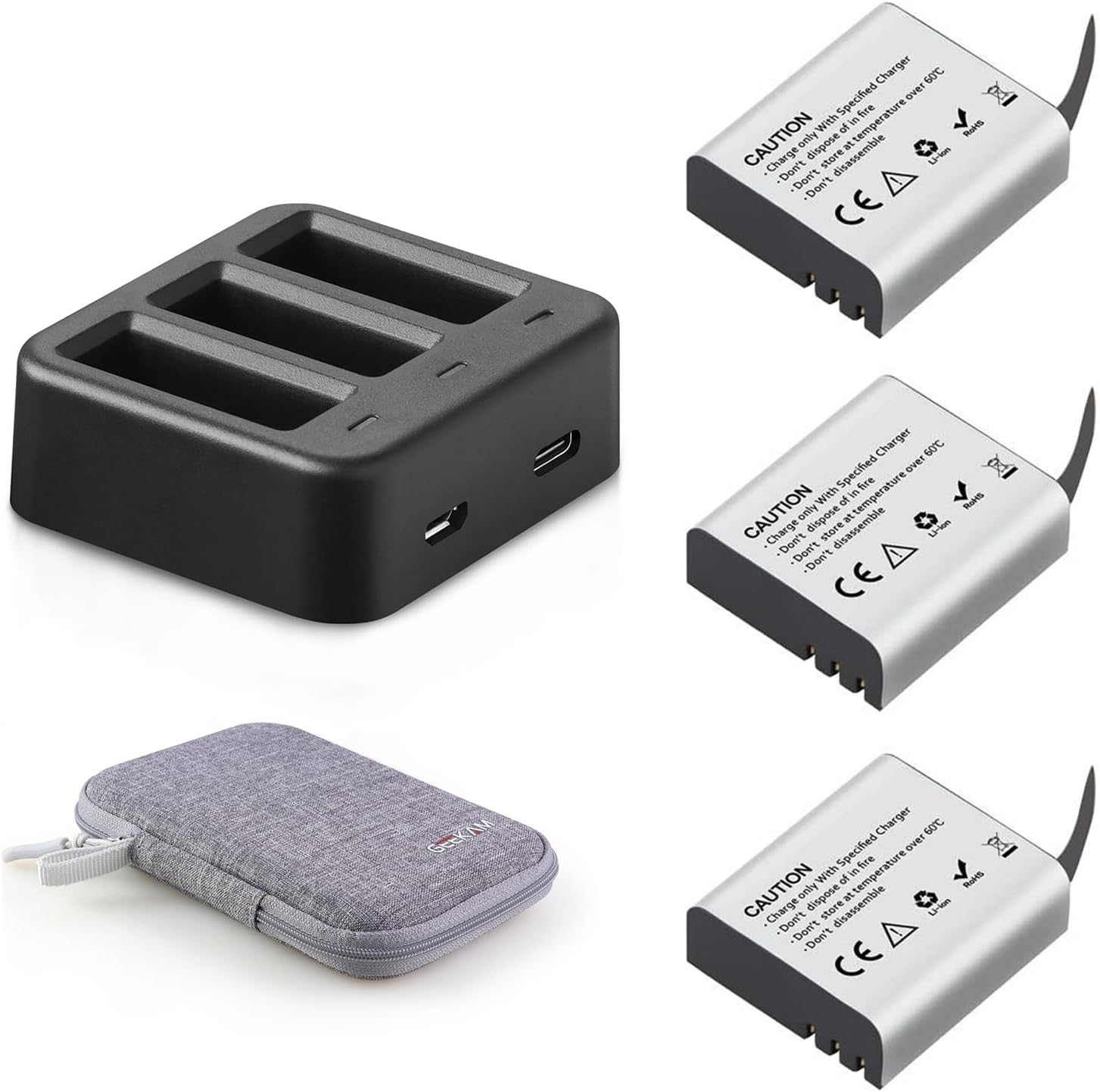 GeeKam Action Camera Battery and Charger Compatible for AKASO EK7000/brave4/v50x/brave6, Apexcam, COOAU, Dragon Touch, Exprotrek, Campark, Crosstour, EKEN, PG1050, S009R, SJ4000