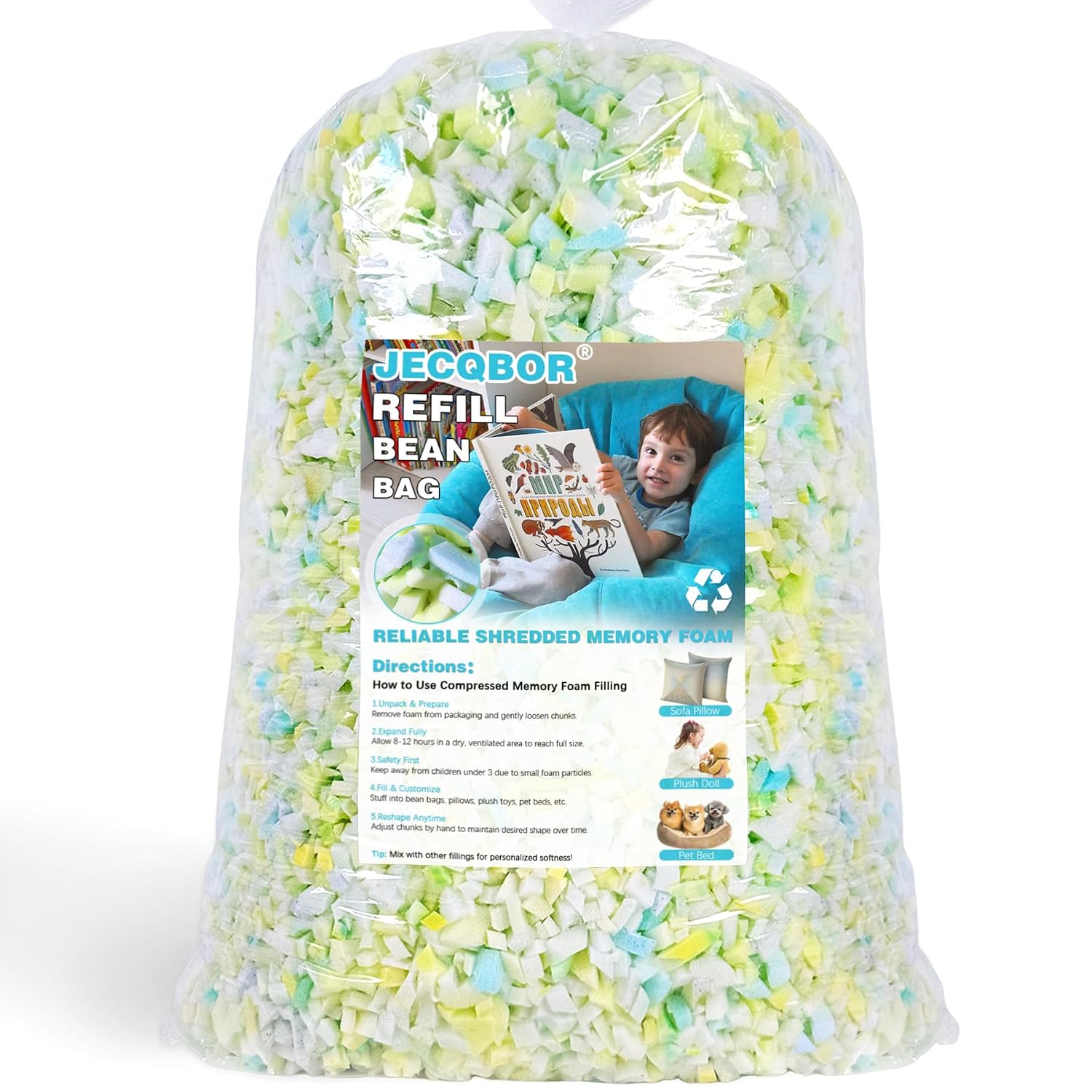 Jecqbor 5lbs Bean Bag Filler, Soft Shredded Memory Foam Filling | Premium Pillow Stuffing | High Density Memory Foam Refill for Couch Cushion, Dog Bed, Stuffed Animal, Pouf