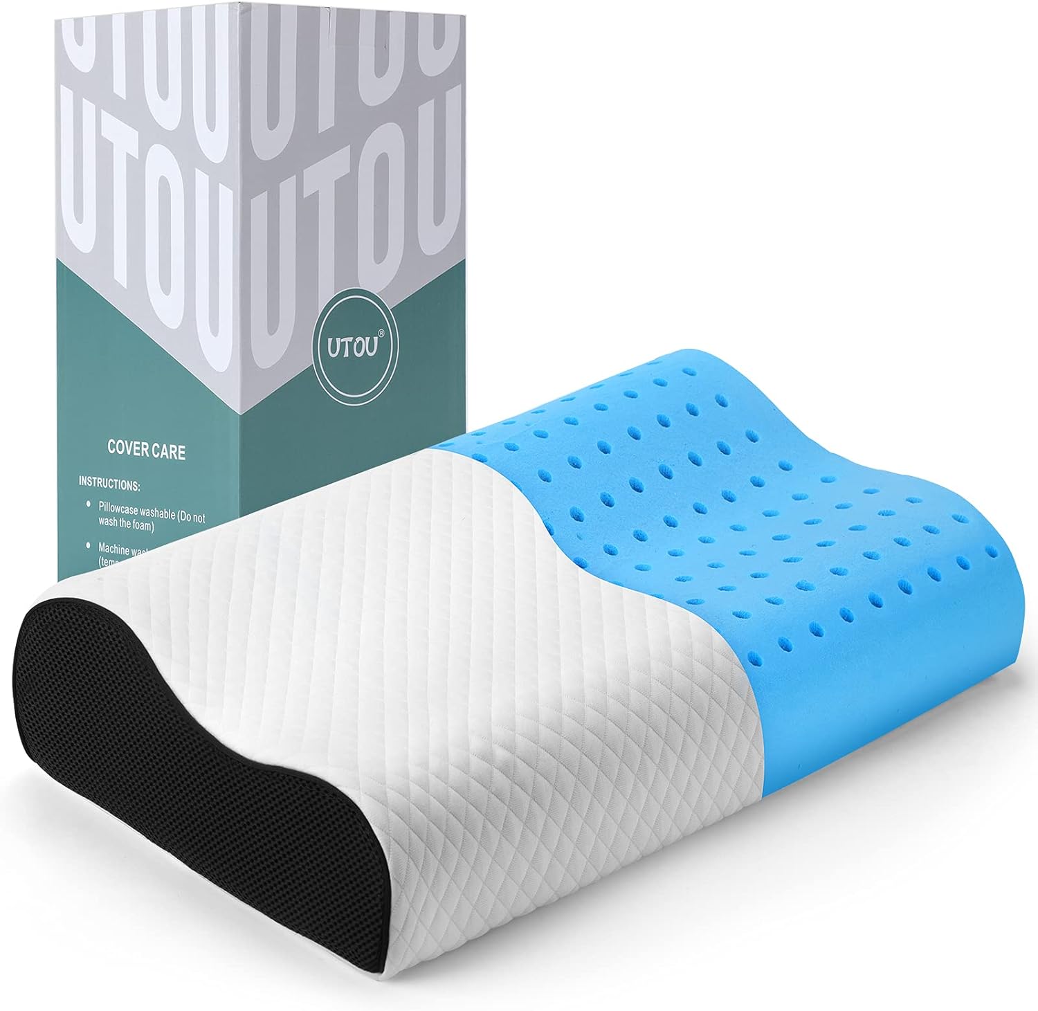 Contour Memory Foam Pillow, Neck Pillows for Pain Relief Sleeping, Cooling Gel Ventilated Cervical Pillow, Ergonomic Two heights bed Pillow for Side, Back and Stomach Sleepers, Standard, White, Grey
