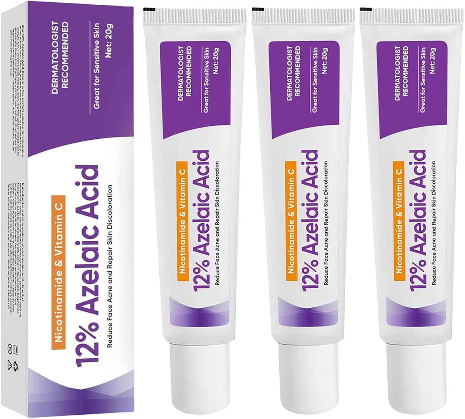 3pcs Azelaic Acid Facial Serum Cream,12% Facial Serum Skin HyaluronicAnd Soothing And Brightening The Skin Tone，With Niacinamide, Vitamin C & Hyaluronic Acid for All Skin Types (20 ml (Pack of 3))