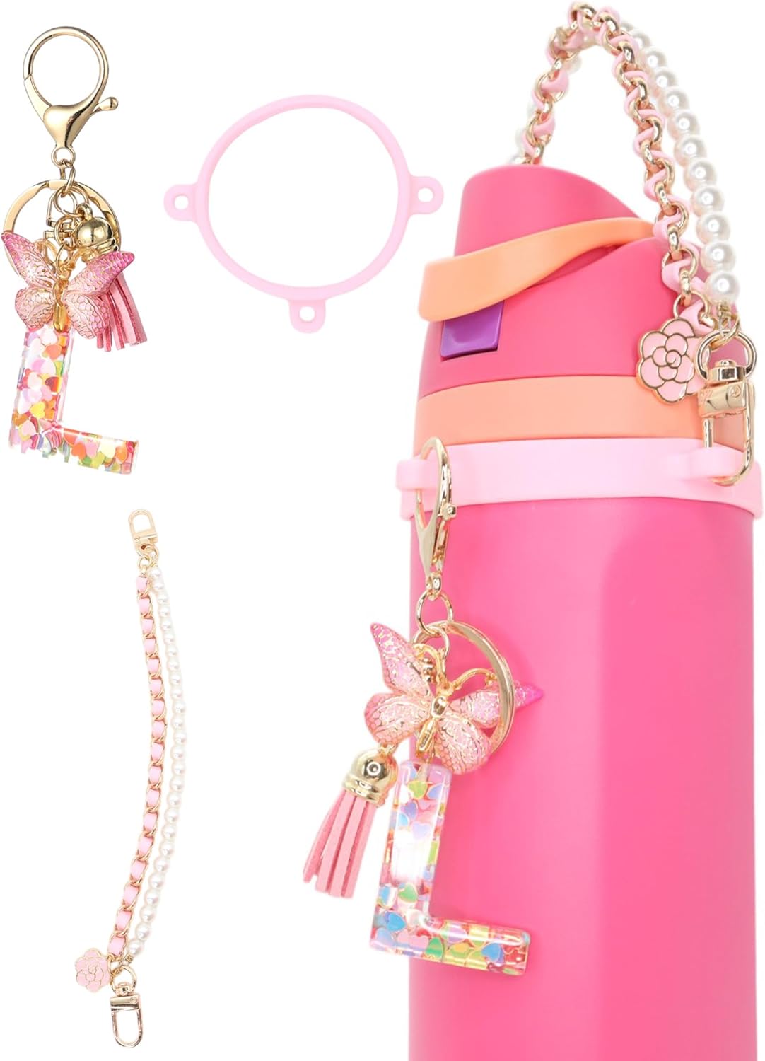 Letter Accessories for Owala Water Bottle 24-40oz, 3PC Cute Initial Keychain & Water Bottle Handle Strap with a Thick Elastic Silicone Ring Holder