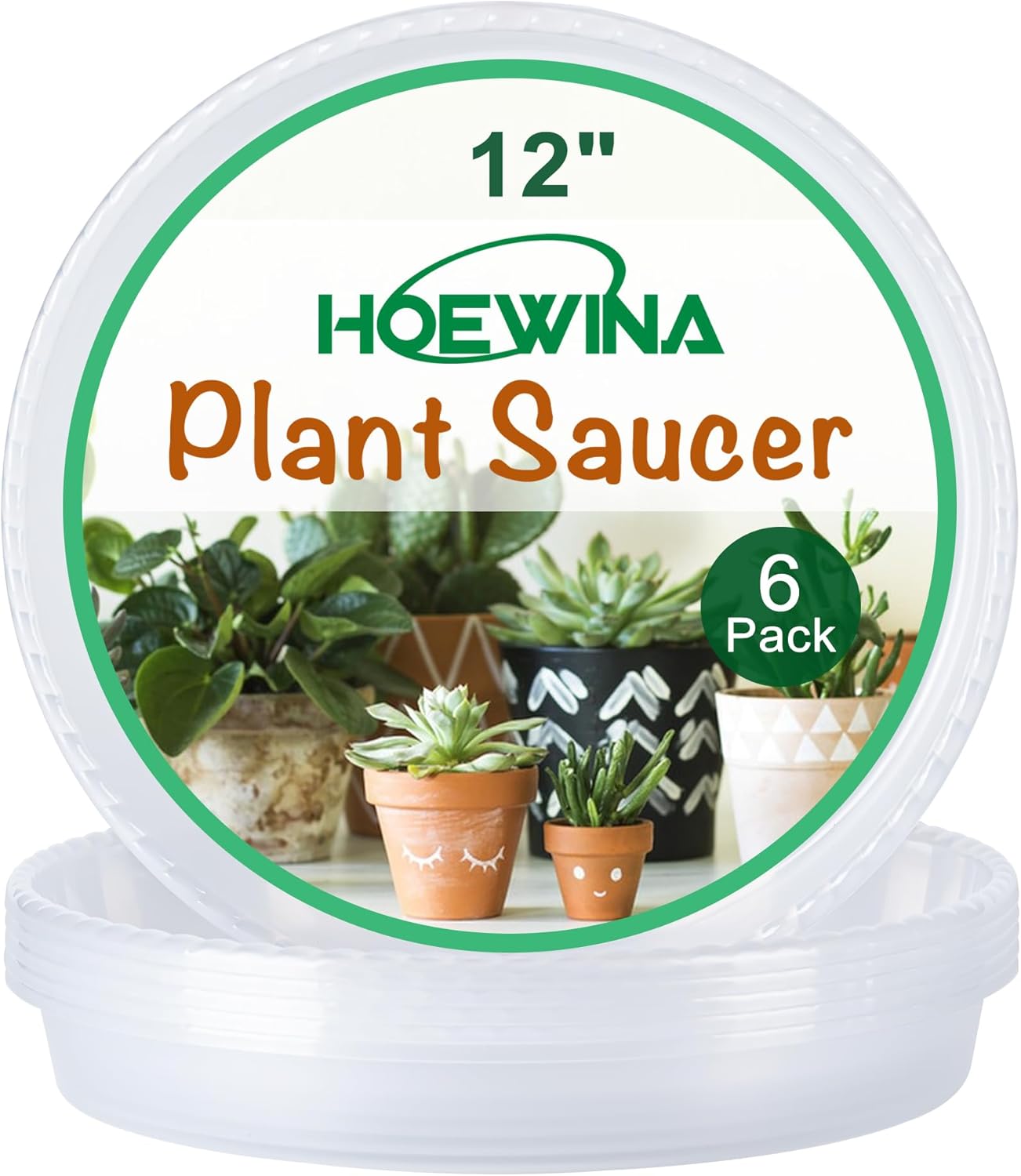 Hoewina Plant Saucer - 6 Pack 12 Inch Durable Plastic Plant Trays with Plant Tray Design - Clear Plant Saucers for Indoors and Outdoors Use - Plastic Plant Pot Saucer for Potted Plants