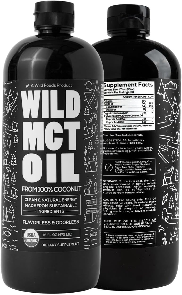 Wild MCT Oil Organic Coconut – 16 fl oz – from 100% Natural Coconut – Flavorless & Odorless C10/C8 MCT Oil for Energy & Cognitive Support – Keto-Friendly – Perfect for Coffee, Shakes & Recipes