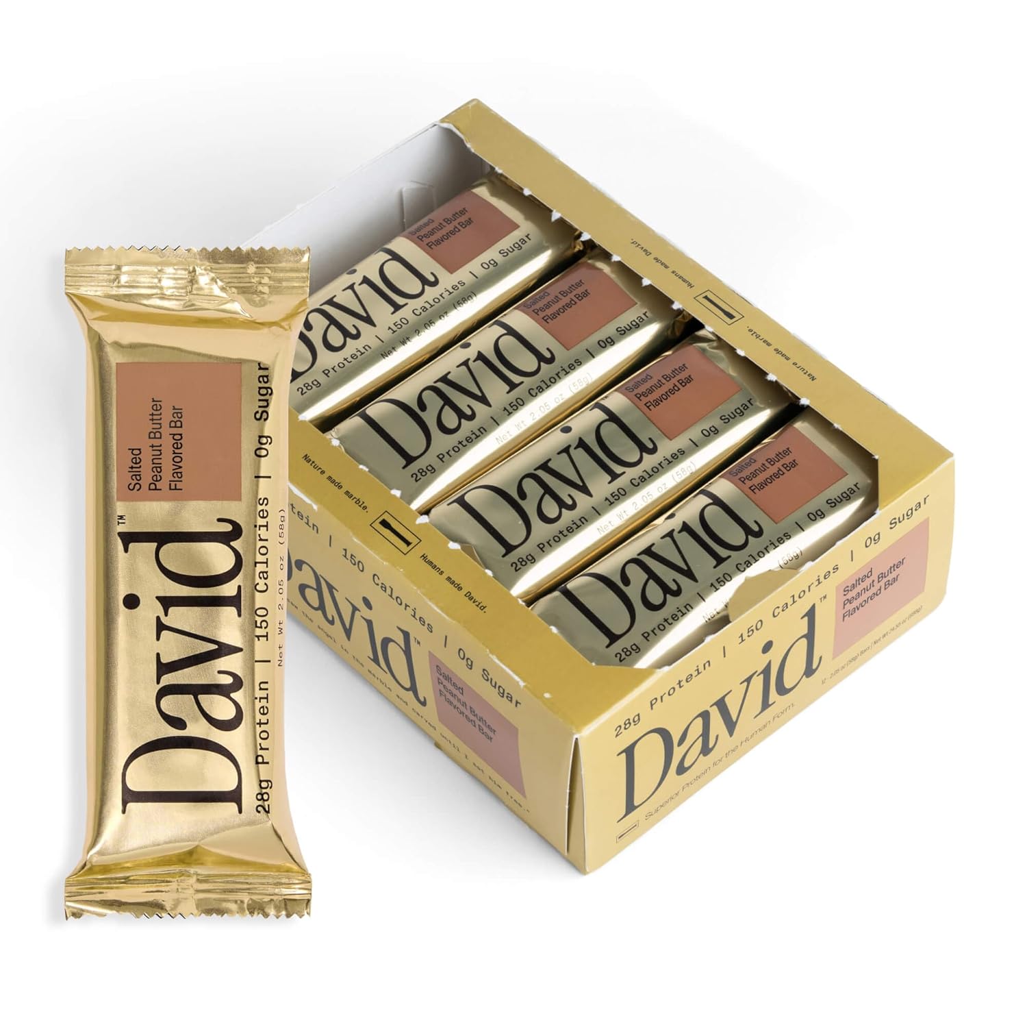David High Protein Bars No Sugar - Sugar Free Protein Bars, Low Carb, Gluten Free - 28g of Protein, 150 Calories - David Bar On-The-Go Snack - Salted Peanut Butter Flavor, Pack of 12