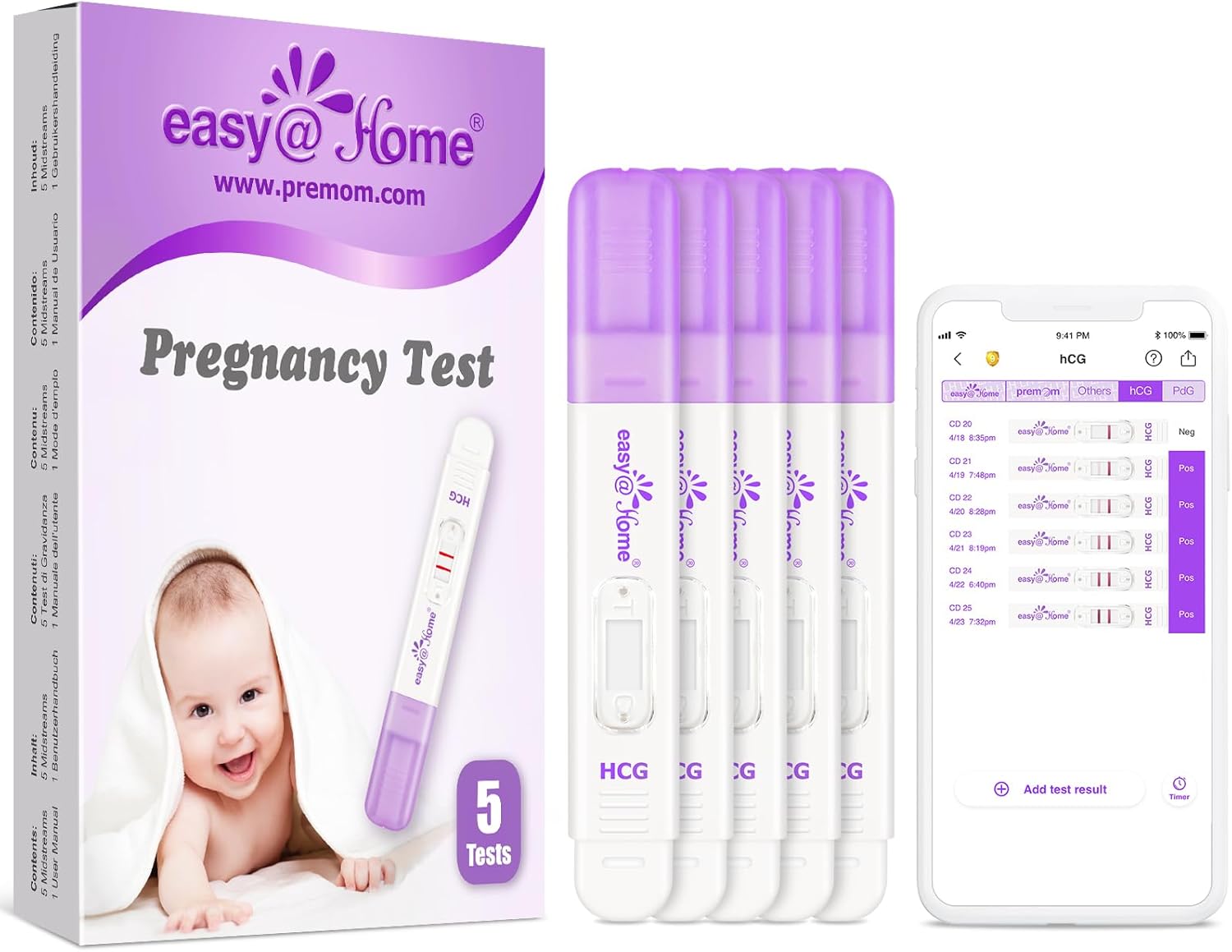 Easy@Home Pregnancy Test Detection: 5 x Highly Sensitive 10 MIU/mL HCG Pregnancy Test Pack - Early Pregnancy Test Kit for Accurate Home Fertility Testing - Pregnant Test Midstream