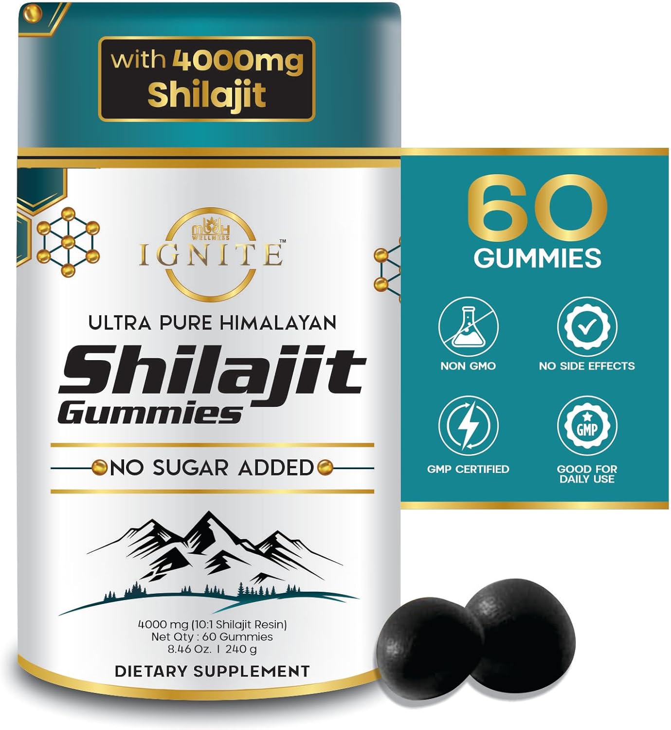 Pure Himalayan Shilajit Gummies 4000mg, Sugar-Free with KSM-66 Ashwagandha, Gokshura & 75% Fulvic Acid - 60 Gummies