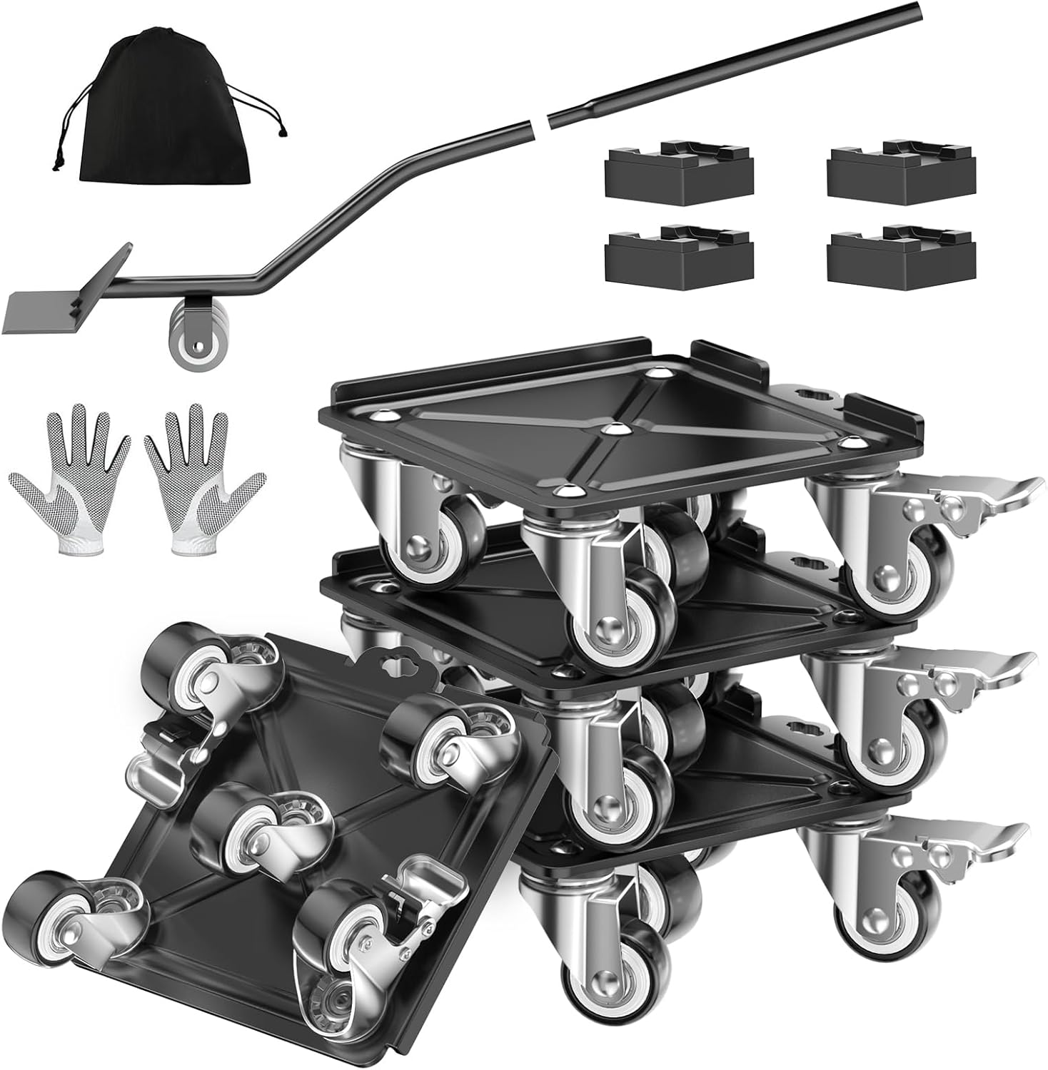 Upgraded Wheels Furniture Dolly,3000 lb Capacity 6.4 inch,360°Rotation with Brake，Heavy Duty Furniture Movers with Wheels,Moving Dolly with Wheels,Moving Furniture Sliders (Black)