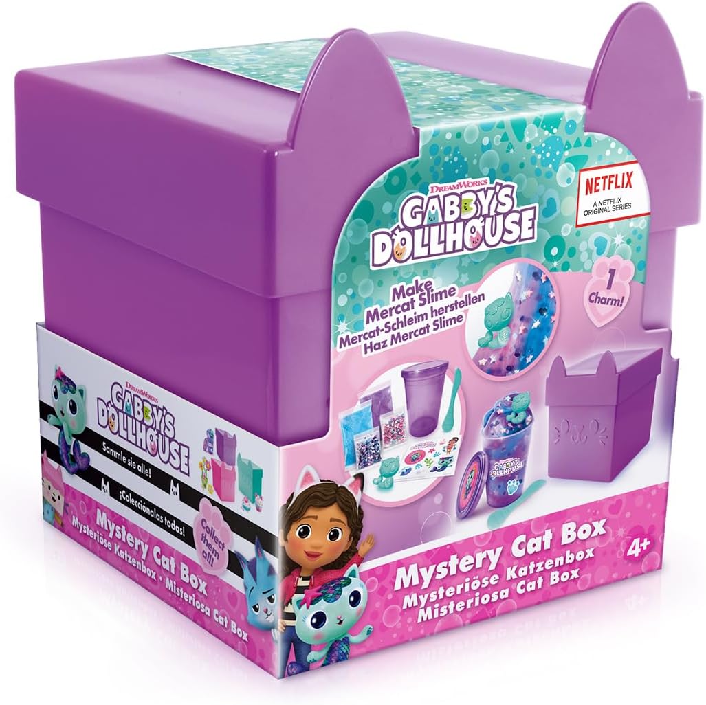 Gabby's Dollhouse Mystery Cat Box Slime Sensory Kit, mercat charm, create your own slime, easy storage, Purple