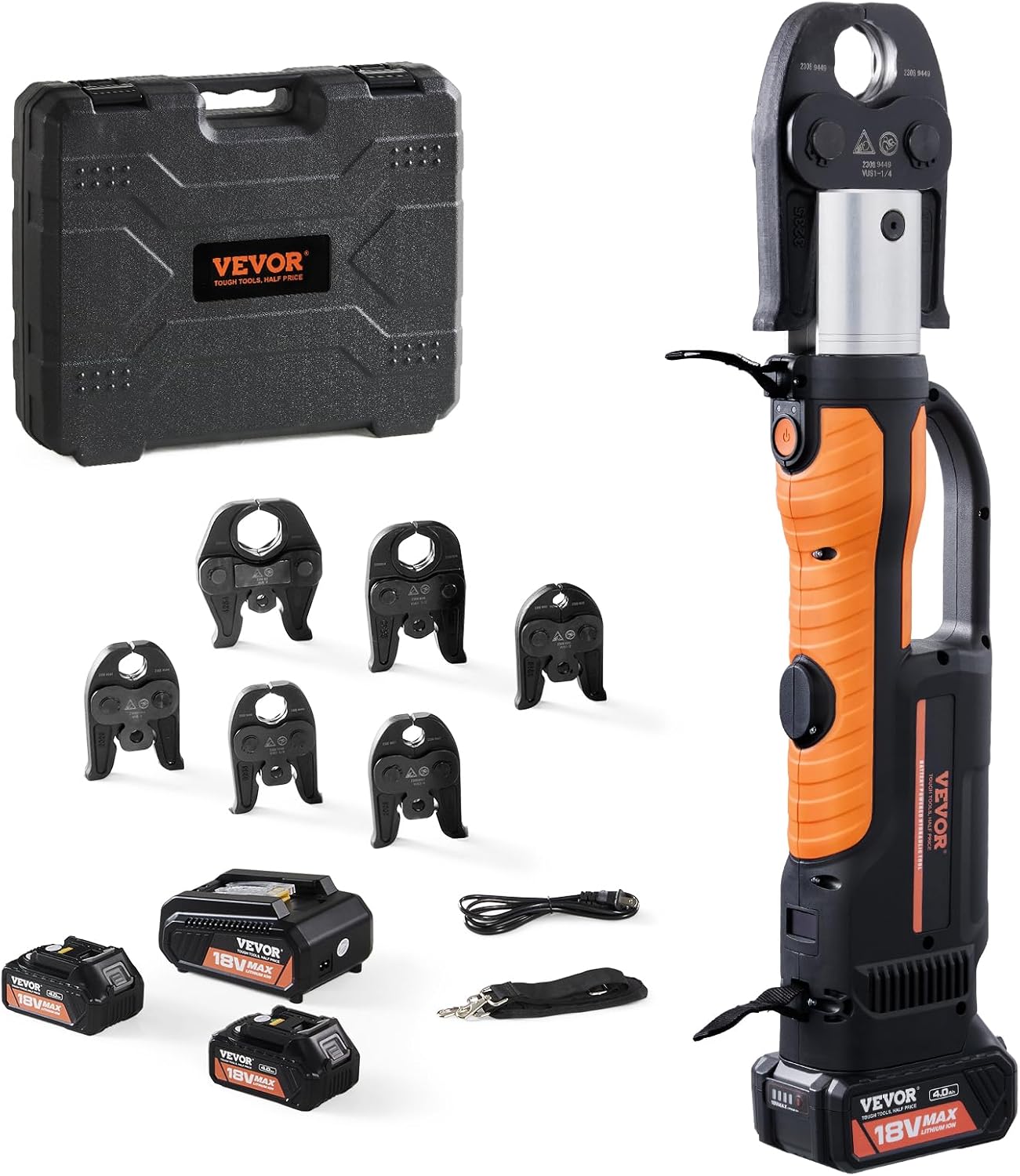 VEVOR Pro Press Tool, 18V Electric Pipe Crimping Tool for 1/2" to 2" Copper Pipes, Press Tool Kit with 6 Pro Press Jaws, 2pcs 4AH Battery, Fast Charger & Carrying Case