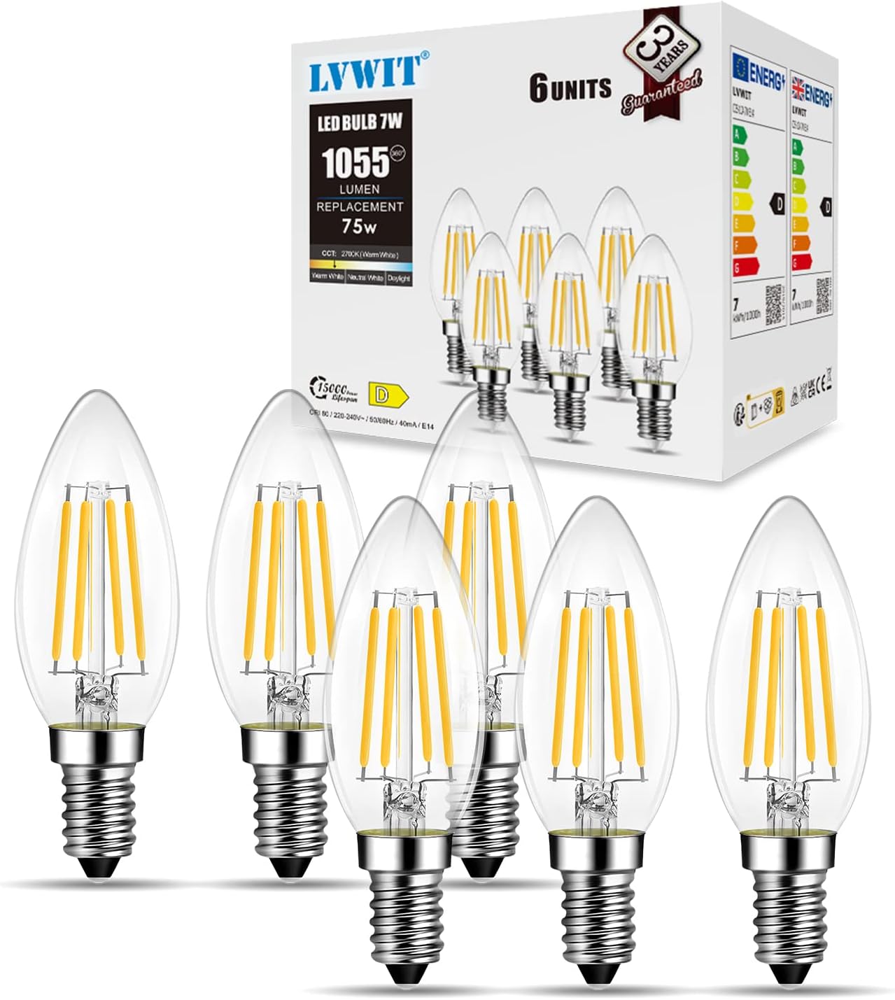LVWIT 7W E14 Led Candle Bulb,Candle Bulbs Small Screw,E14 Led Light Bulb Warm White,E14 Light Bulb Screw,Hight 1055LM,2700K, Replaces 75W Equivalent,Not-Dimmable(Pack of 6)