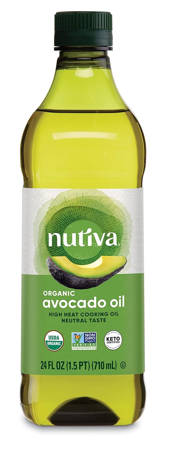 Nutiva Organic Avocado Oil for Cooking. 24 Fl Oz, Pure Steam-Refined, High Smoke Point Cooking Oil, Excellent for Frying. Suitable for Hair and Skin. USDA Organic and Non-GMO