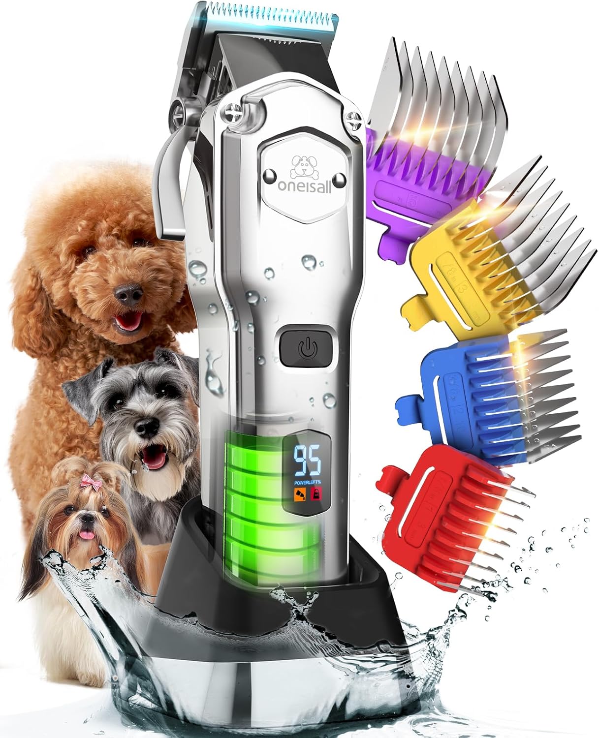 oneisall Dog Clippers for Grooming Thick Hair Professional,Cordless/Low Noise Pet Grooming Kit with Detachable Metal Combs, Rechargeable Heavy-Duty Pet Clippers for Thick/Curly/Fine/Wavy Hair (Sliver)