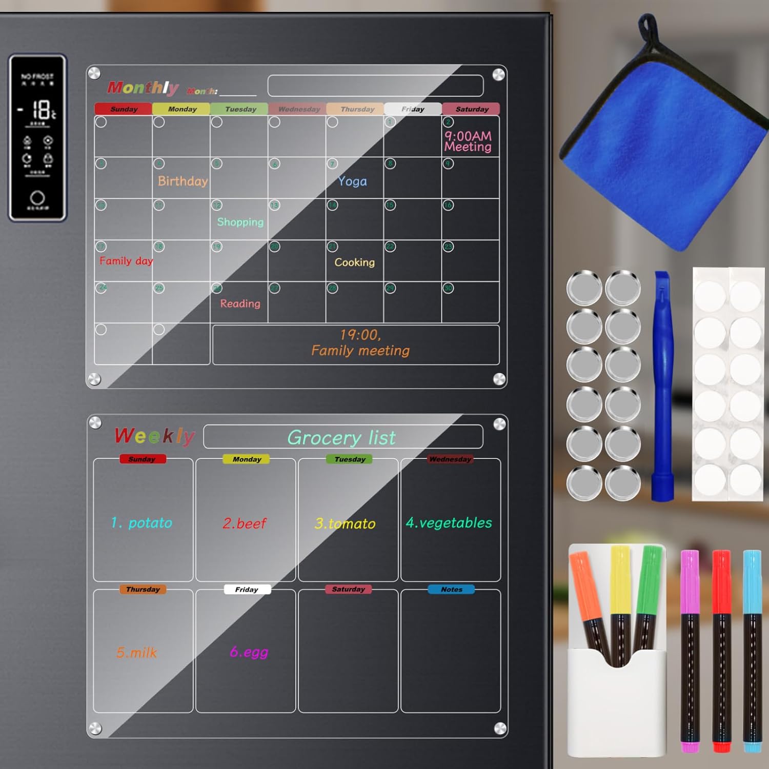 Acrylic Magnetic Calendar for Refrigerator, 2 Pack 30x40cm/12x16inch Clear Fridge Calendar, Dry Erase Planning Boards, Monthly Planner and Weekly Planner