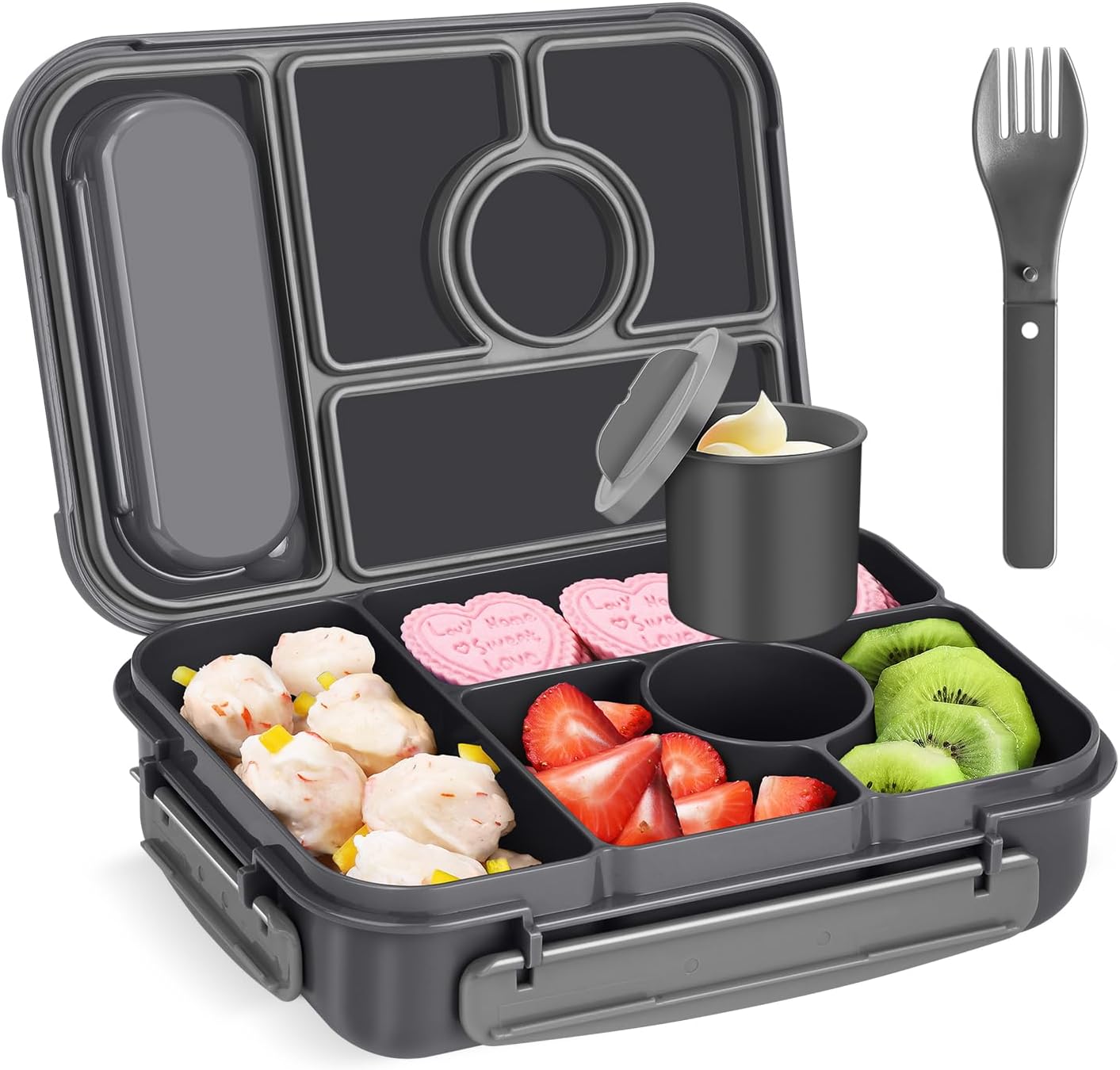 Amathley Bento Box Adult Lunch Box,Leakproof Lunch Box Kids with 1300ML-5 Compartments,Bento Box with Sauce Vontainers,Microwave & Dishwasher & Freezer (Dark Gray)