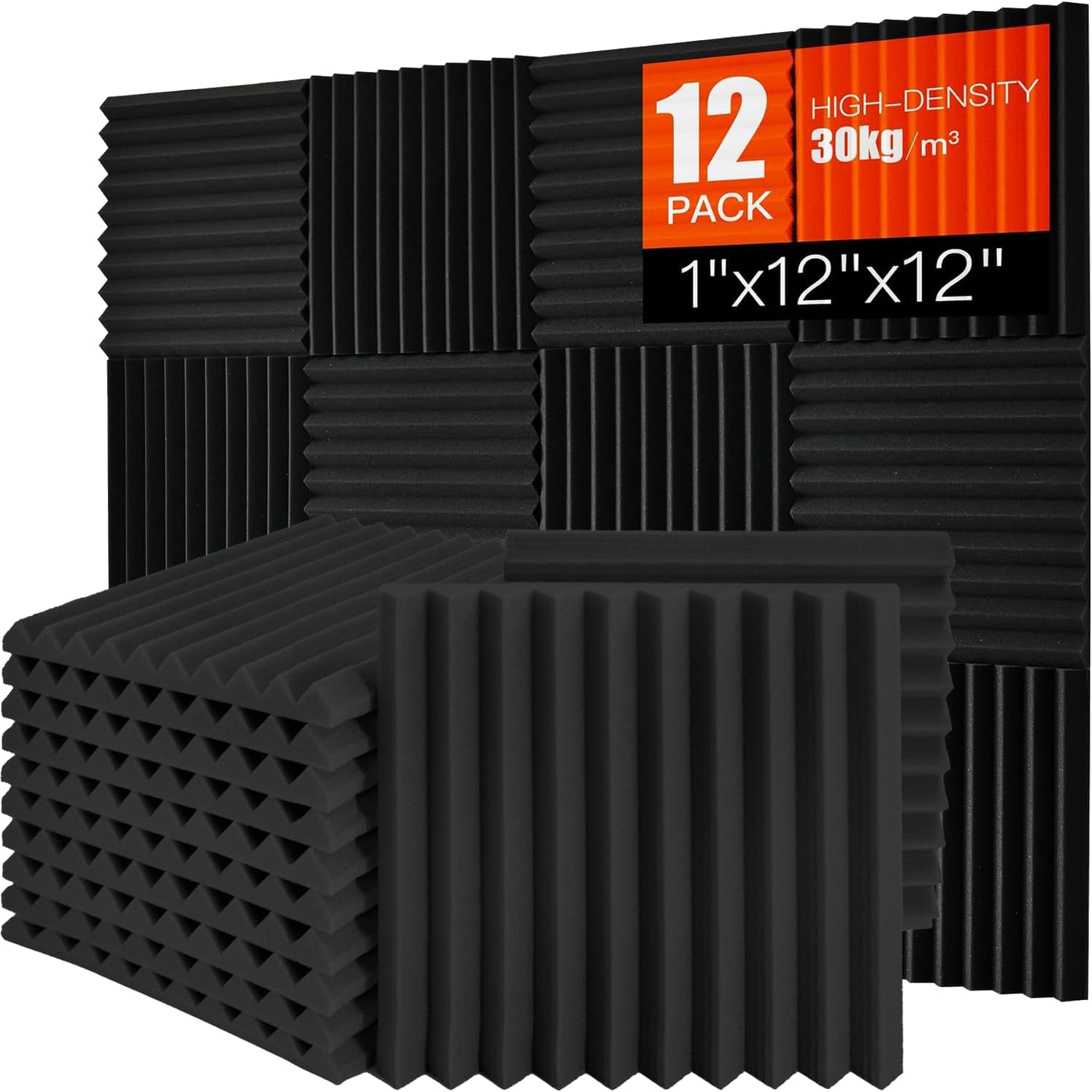 Acoustic Foam Panels 12 Pack 1" x 12"x 12" High Density Soundproofing Wedges for Wall Sound Proof Foam Panels Noise Absorbing Blocker and Sound-Damping Black Perfect for Studio Office Gaming Room