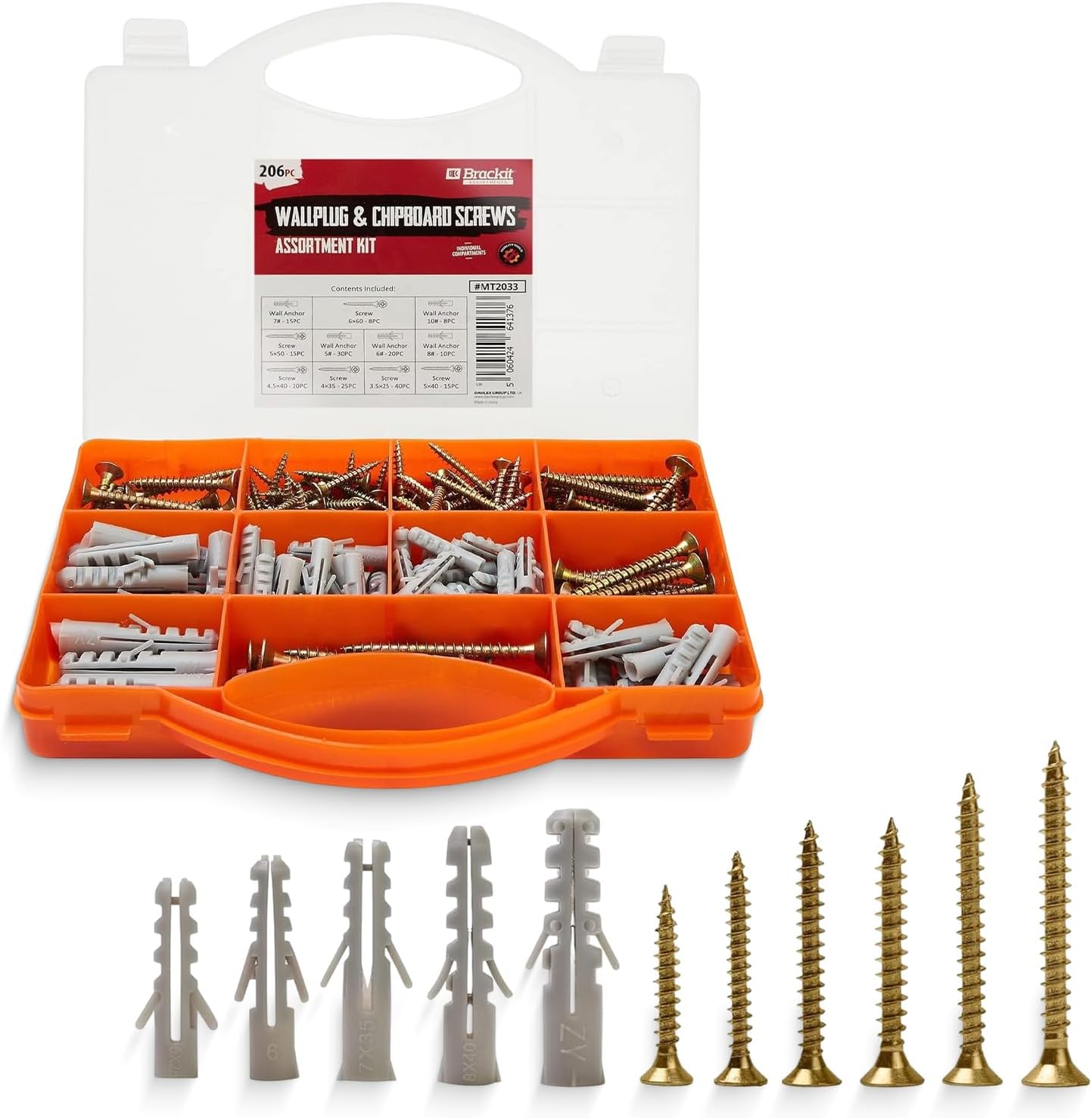 Brackit 206 Piece Drywall Plugs & Anchors Set – Heavy Duty Chipboard Screws Assortment Kit inc. Countersunk Pozi Drive Head Wood Screws – For Repairing, Drilling, Mounting, Building, Furniture and DIY