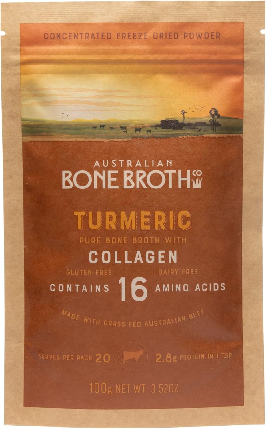 ABBCo Beef Bone Broth Concentrate Powder with Turmeric, Collagen Peptides, Ginger - Gut Friendly, 16 Amino Acids, instant healthy broth.
