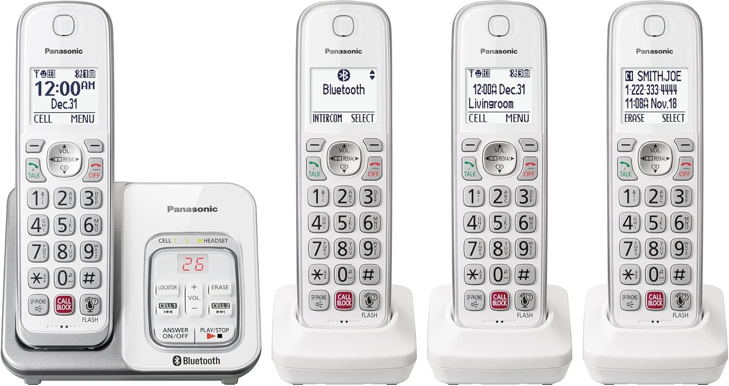 Panasonic Cordless Phone with Answering Machine, Link2Cell Bluetooth, Voice Assistant and Advanced Call Blocking, Expandable System with 4 Handsets - KX-TGD864W (White)