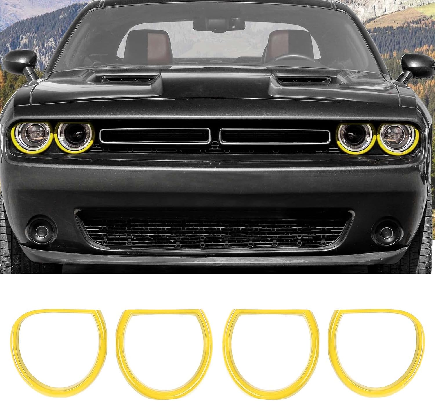 CheroCar for Challenger Headlight Cover, Front Headlight Lamp Cover Exterior Light Trim Decoration Compatible with 2015-2023 Dodge Challenger,Yellow…