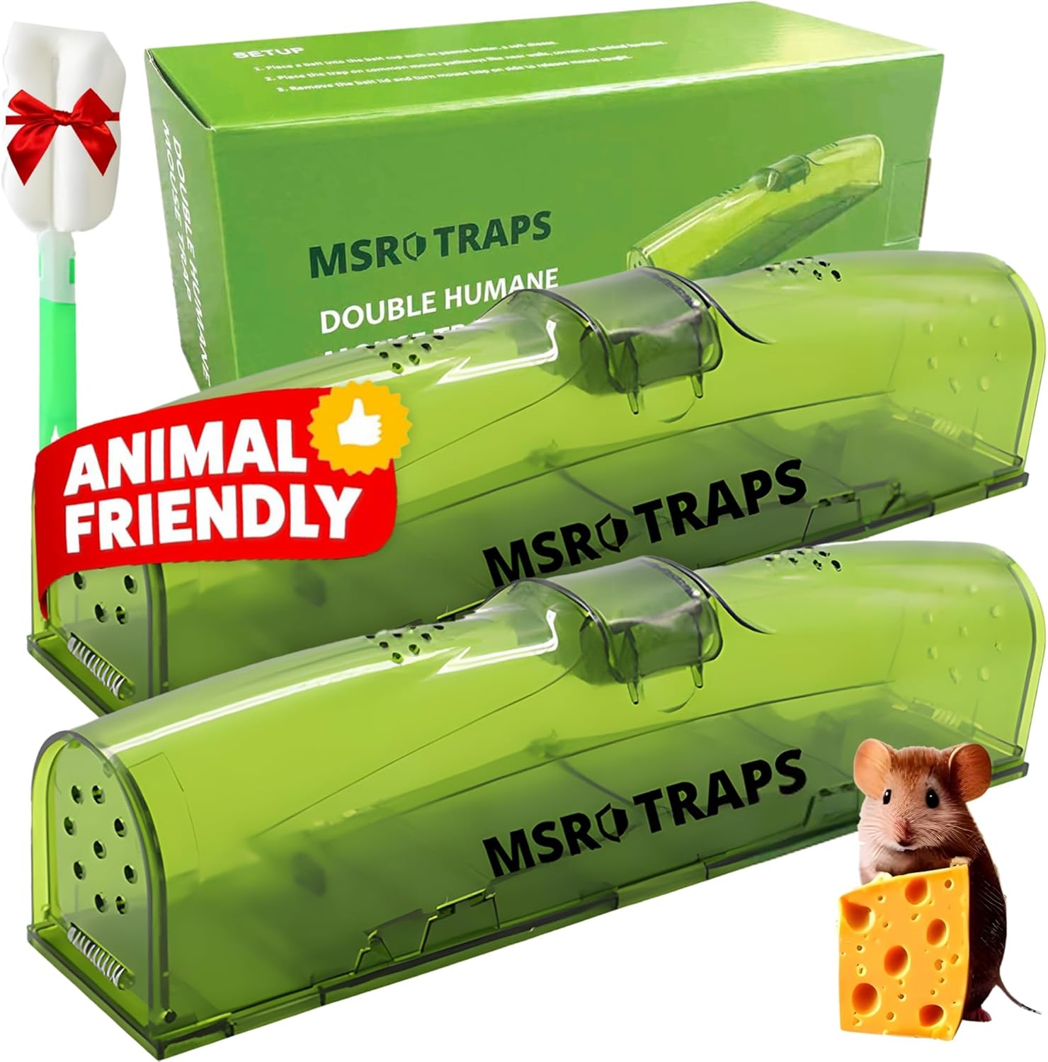 MSR Traps Humane Mouse Traps- 2X Dual Doors Non Poisonous- XL Size- Kids & Pet Friendly Mouse Traps for Indoors- Comes with Cleaning Brush- Really Simple- Highly Sensitive Reusable Mousetraps for Mice