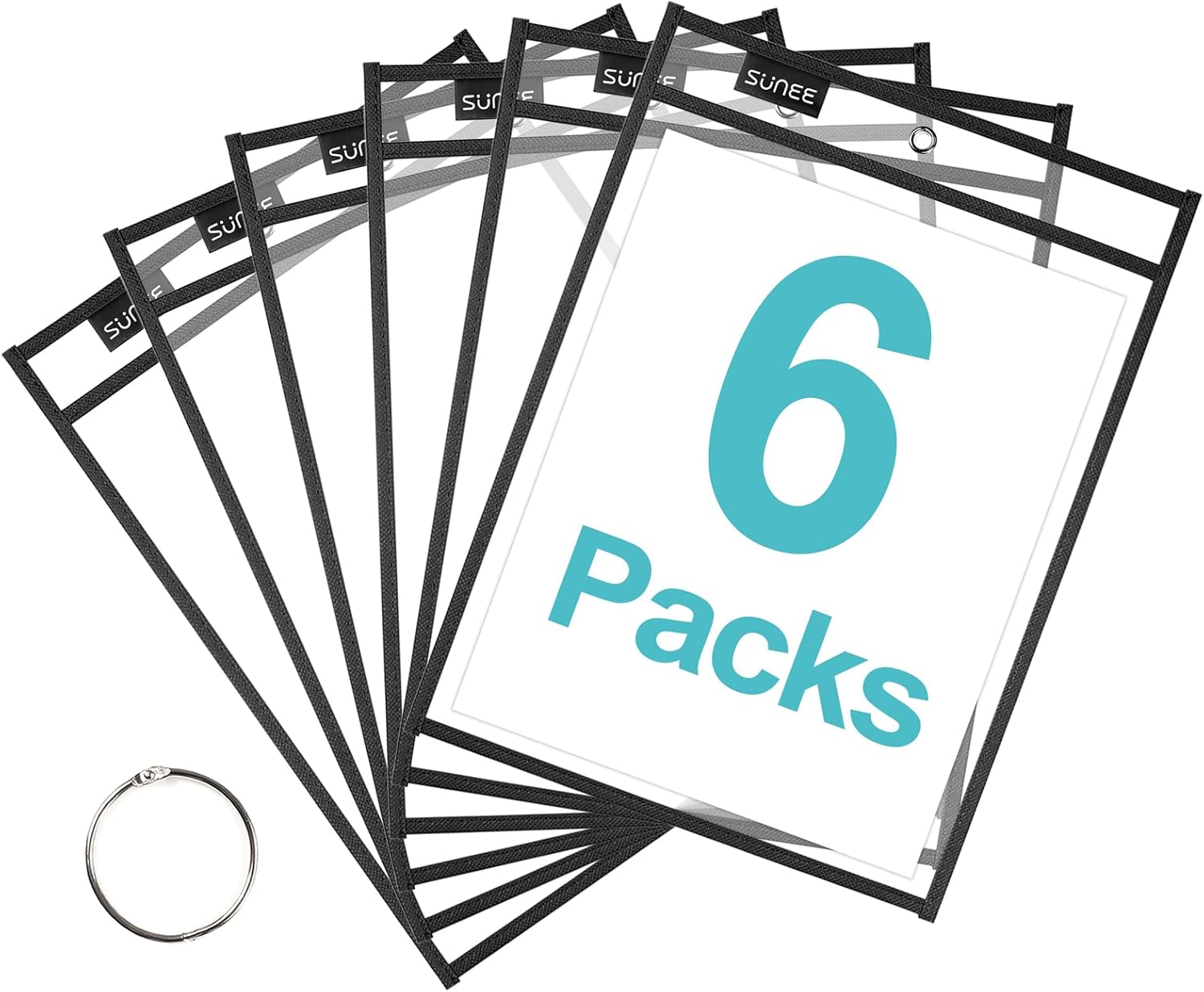 SUNEE 6 Packs Oversized Reusable Dry Erase Pocket Sleeves with Ring, Black 10x14 Ticket Holders, Clear Plastic Sheet Protectors, Teacher School Classroom Supplies