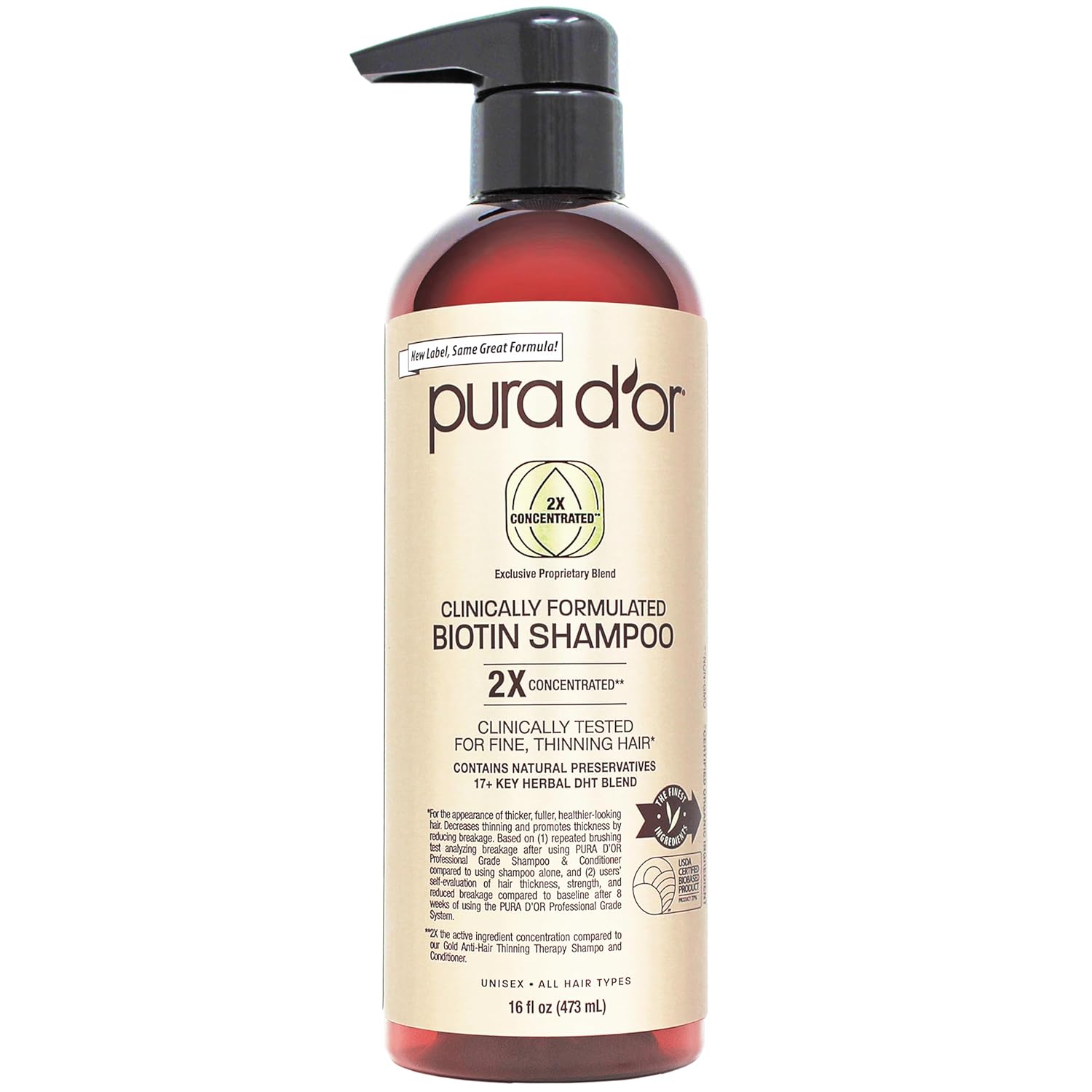 PURA D'OR Professional Grade Biotin Shampoo, Clinically Proven Anti-Thinning Hair Care, 2X Concentrated DHT Blocker Hair Thickening Products For Women & Men, 16oz