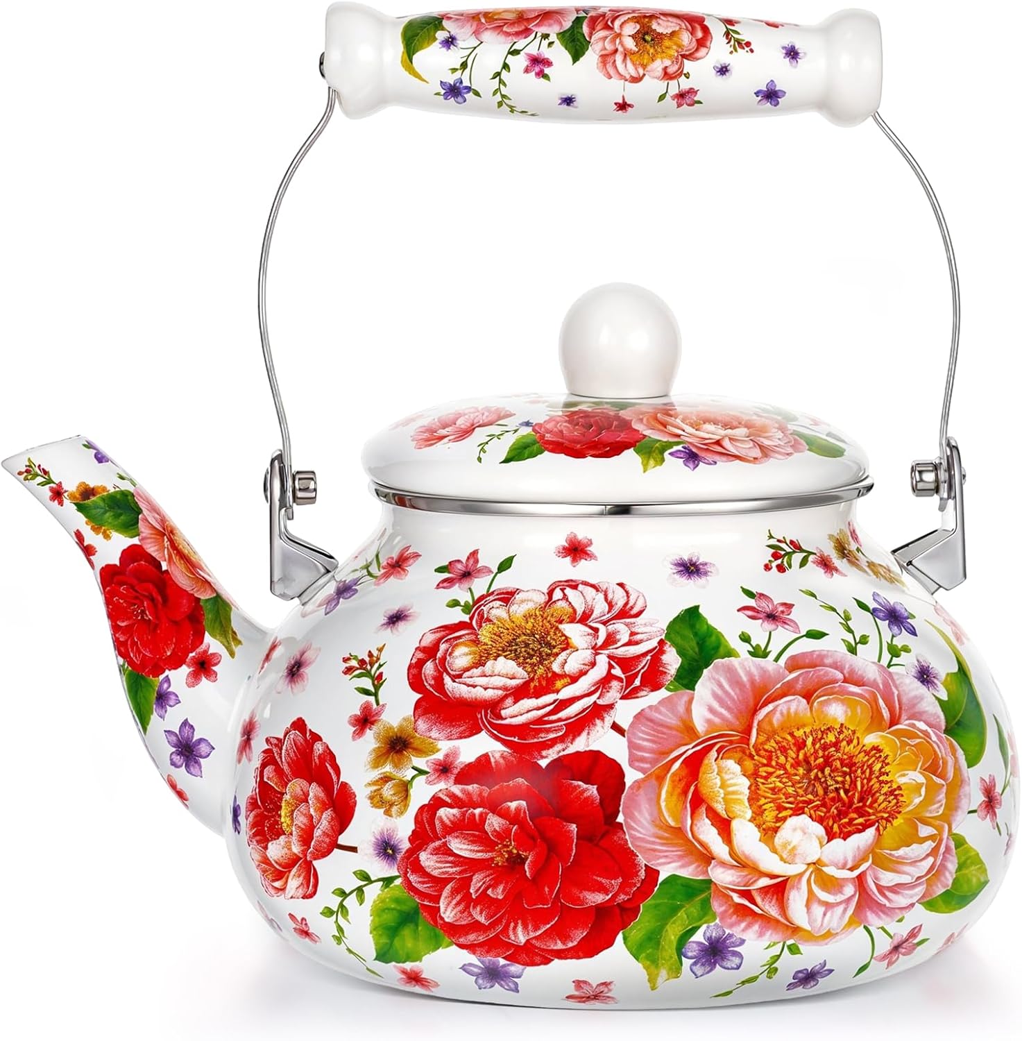 2.6 Quart Floral Enamel Tea Kettle, Vintage Enameled Teapot Stovetop, Enamel on Steel Water Coffee Tea Pot with Ceramic Handle, Colorful Hot Water Kettle for Home Kitchen Decor, No Whistling