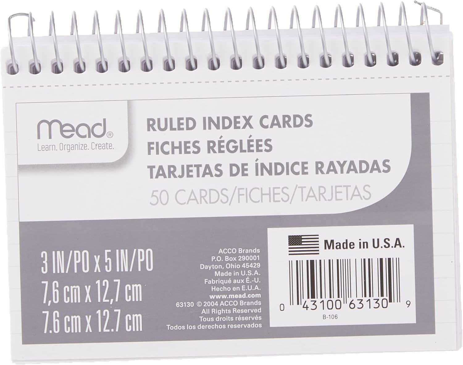 Mead Index Cards, Spiral, Ruled, 3" x 5", White, Blank Back, 50 Cards per Pack, 1 Pack (63130)