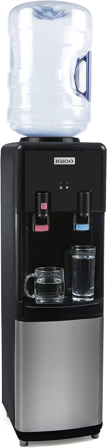 Igloo Top Loading Water Cooler – Hot & Cold Dispenser – Black & Stainless Steel, Holds 3 & 5 Gallon Jugs, Child Safety Lock – for Homes, Kitchens, Offices, Dorms