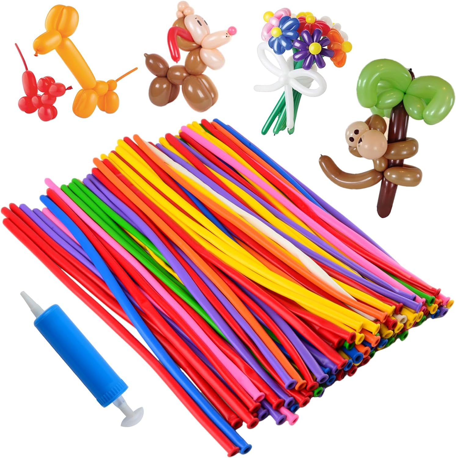 Latex Twisting Balloons, 260Q Animal Magic Long Balloons Assorted Color with Pump for Animal Shape Party, Clowns, Wedding Decoration Party Supplies (100 Pack)