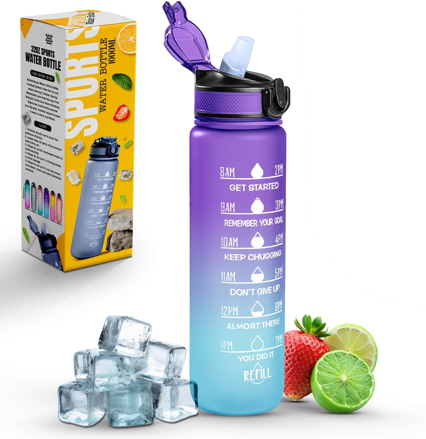 Sports Water Bottle with Straw and Time Marking, and 32OZ Capacity - Motivational and Eco-Friendly BPA-Free Bottle for Running, Gym, Yoga, Outdoors, and Camping (Style-1, Blue-Purple)