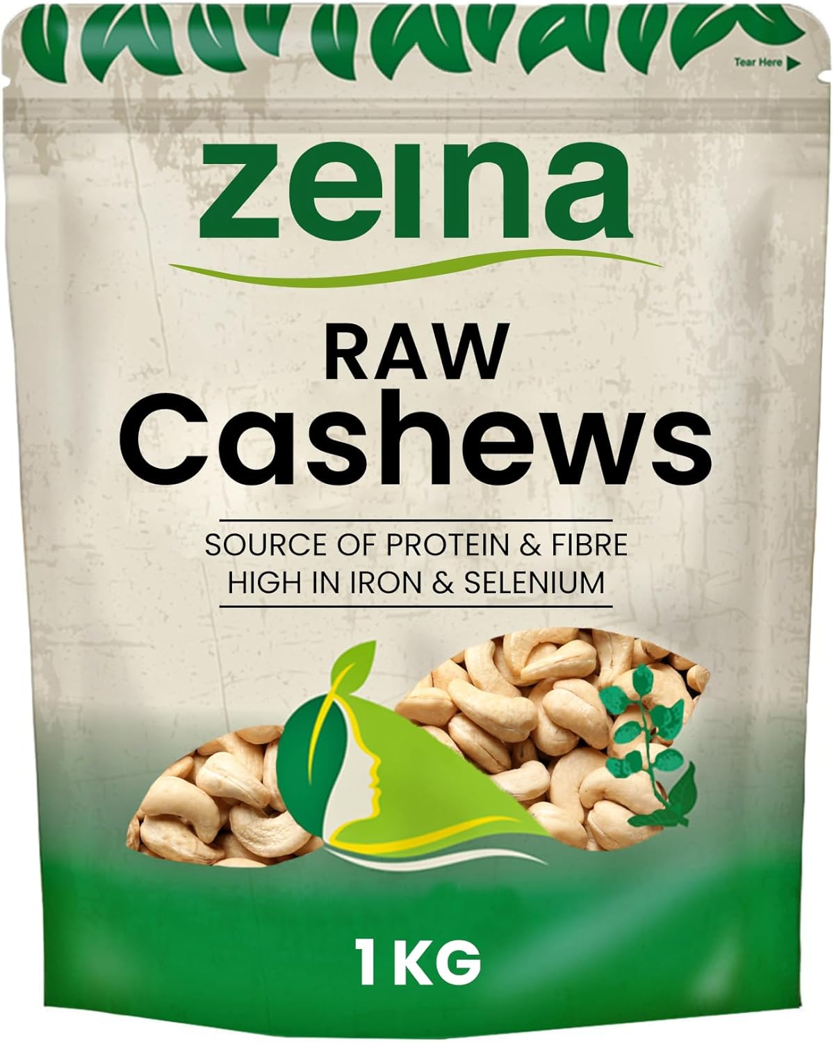Zeina Cashew Nuts (Raw) with High Vitamin B6 and Iron (1Kg) - Natural Fibre and Protein. A Fresh Healthy Snack with Resealable Bag - Peanut and Sesame Free