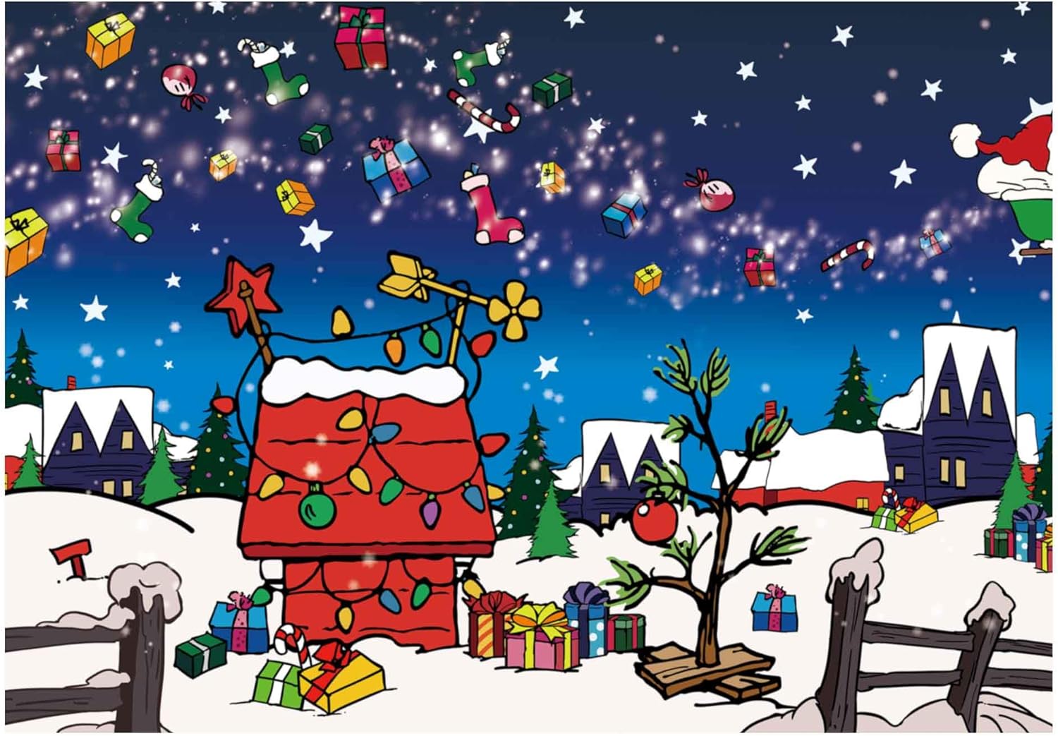 Allenjoy 7x5ft Comic Christmas Red House Party Photography Backdrop Winter Snow Xmas Night Kennel Tree Sled Background for Family Kid Holiday Birthday Party Supplies Banner Decoration Photo Booth