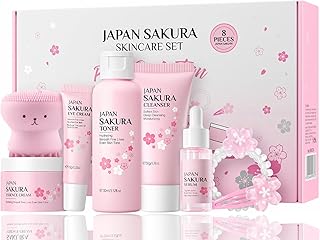 Skin Care Set for Women Girls, Cherry Blossoms Beauty Gift Sets for Intense Hydration, Face Skin Care Kit with Cleanser, Toner, Serum, Eye Cream, Face Cream - 8Pcs Skin Care Routine Kit