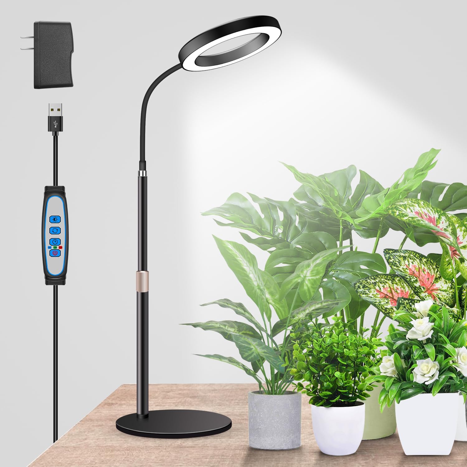 Garpsen Grow Lights for Indoor Plants, 80 LEDs Full Spectrum Desk Plant Light with Timer for 6H/12H/16H, 5 Dimmable Levels & Flexible Gooseneck 6000K Grow Lamp with Base, Height Adjustable 16.5-24.5"