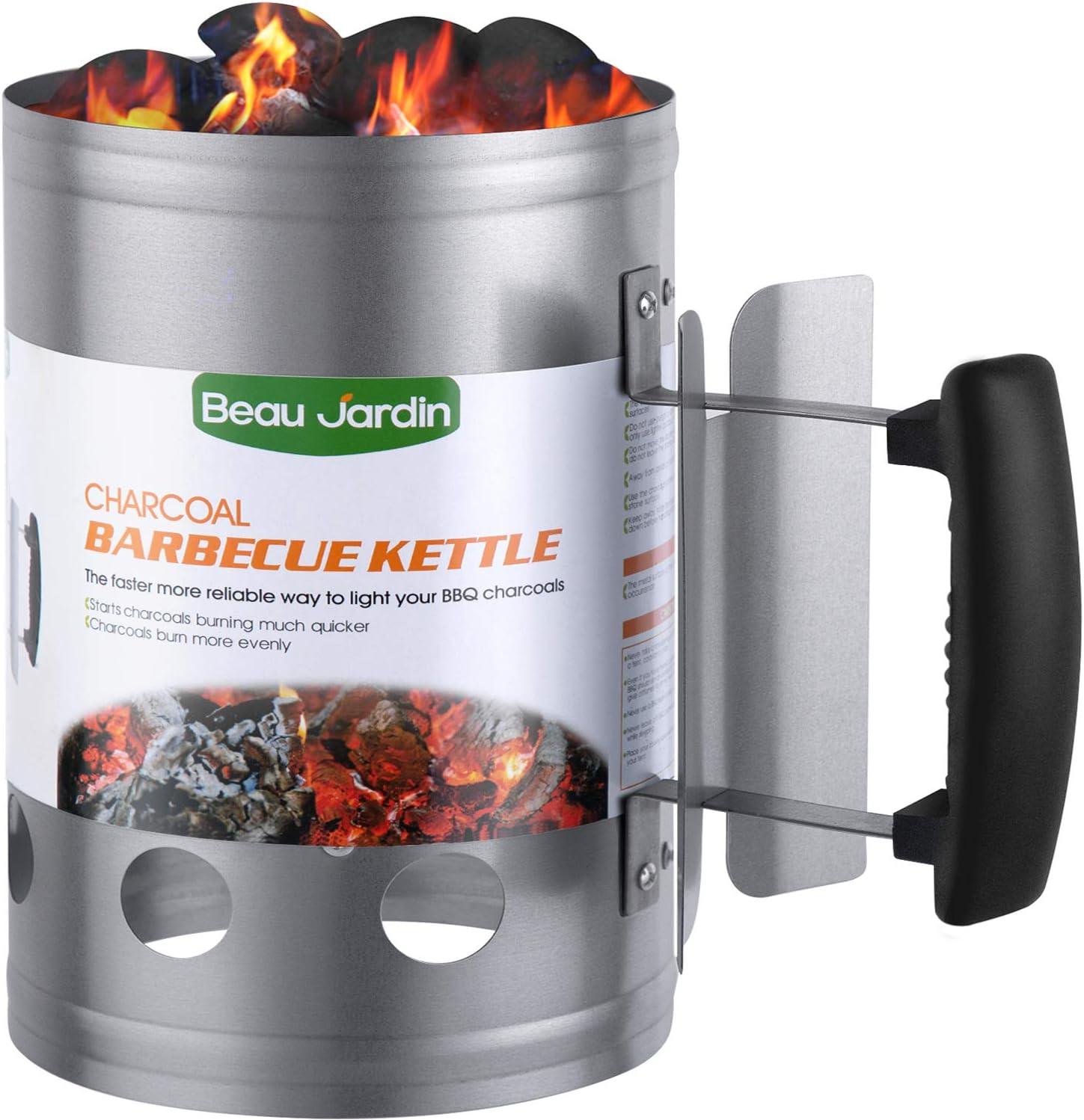 BEAU JARDIN BBQ Charcoal Chimney Starter 11"X7" Heavy Duty for Charcoal Grills Lighter Coal Fire Starter Barbecue Galvanized Steel Quick Rapid Compact Outdoor Cooking BBQ Tools Accessories Silver