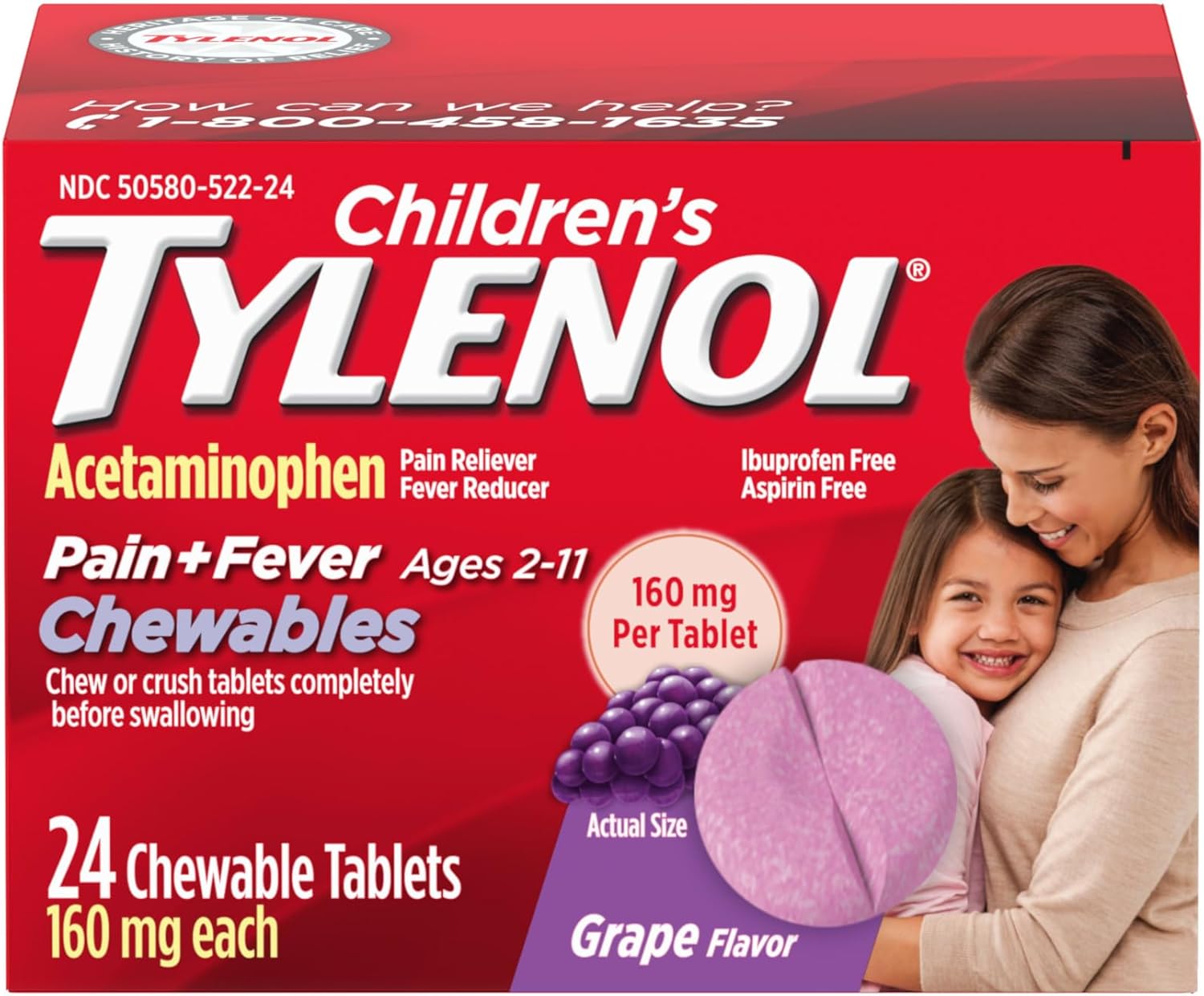 Children's Tylenol Chewables with 160 mg Acetaminophen, Pain Reliever & Fever Reducer for Kids' Cold + Flu Symptoms, Headache, Sore Throat & Toothache, Aspirin-Free, Grape Flavor, 24 ct