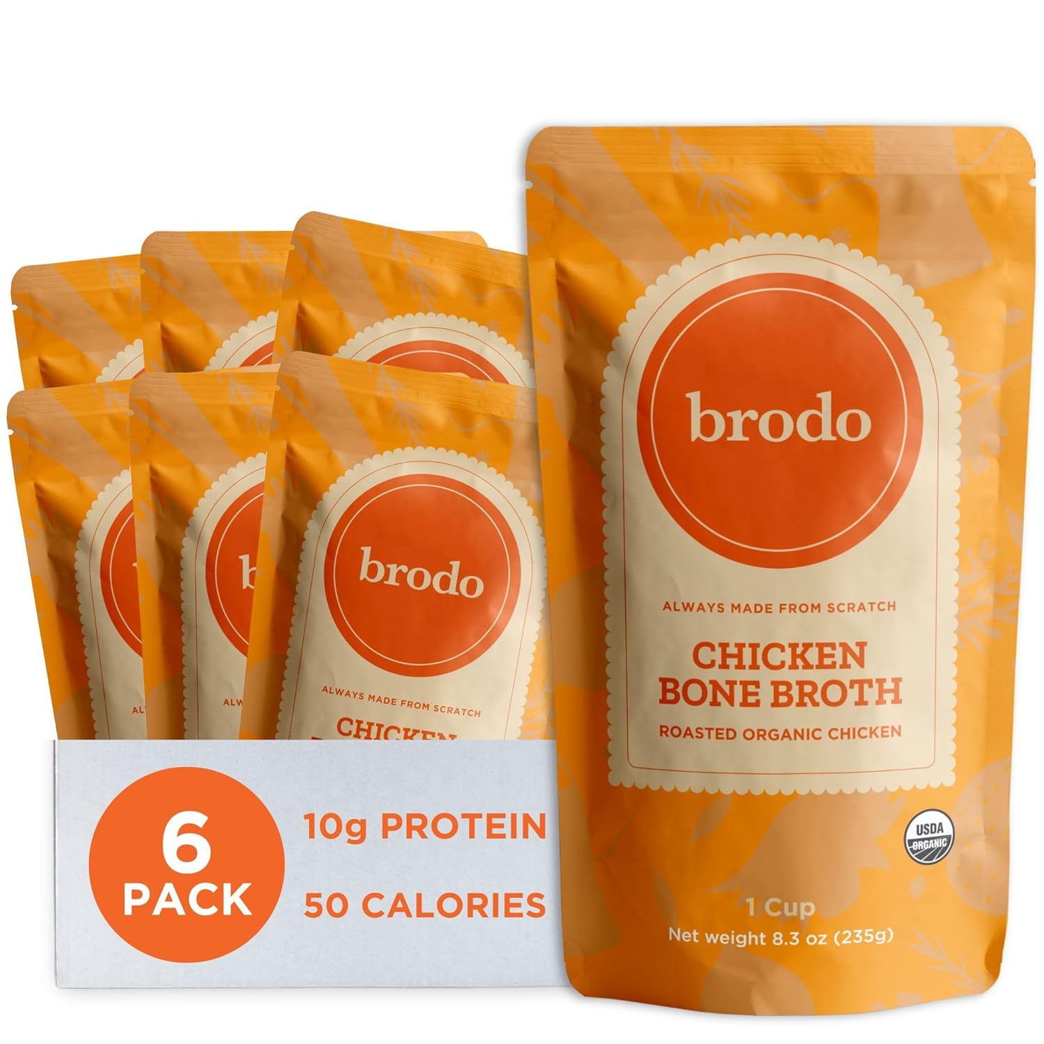 Brodo Organic Chicken Broth | Nutrient Dense, Chef Crafted Bone Broth in Single Serving Pouches | Not Made From Concentrate, No Preservatives (6x 8.3 oz Pouches)