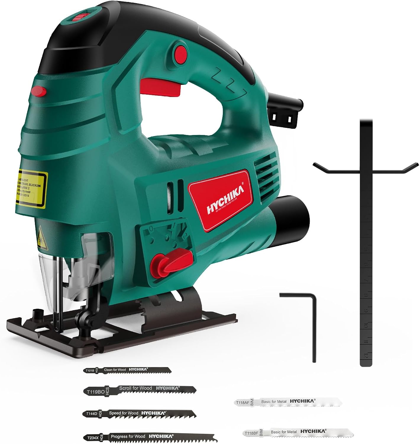 HYCHIKA Jigsaw, 800W Max Cutting Depth 110mm for Wood, 800-3000SPM Electric Jigsaw with Laser, 7 Variable Speeds, 0-3 Orbital Sets, Bevel Cutting: -45 ° to 45, 6 Blades