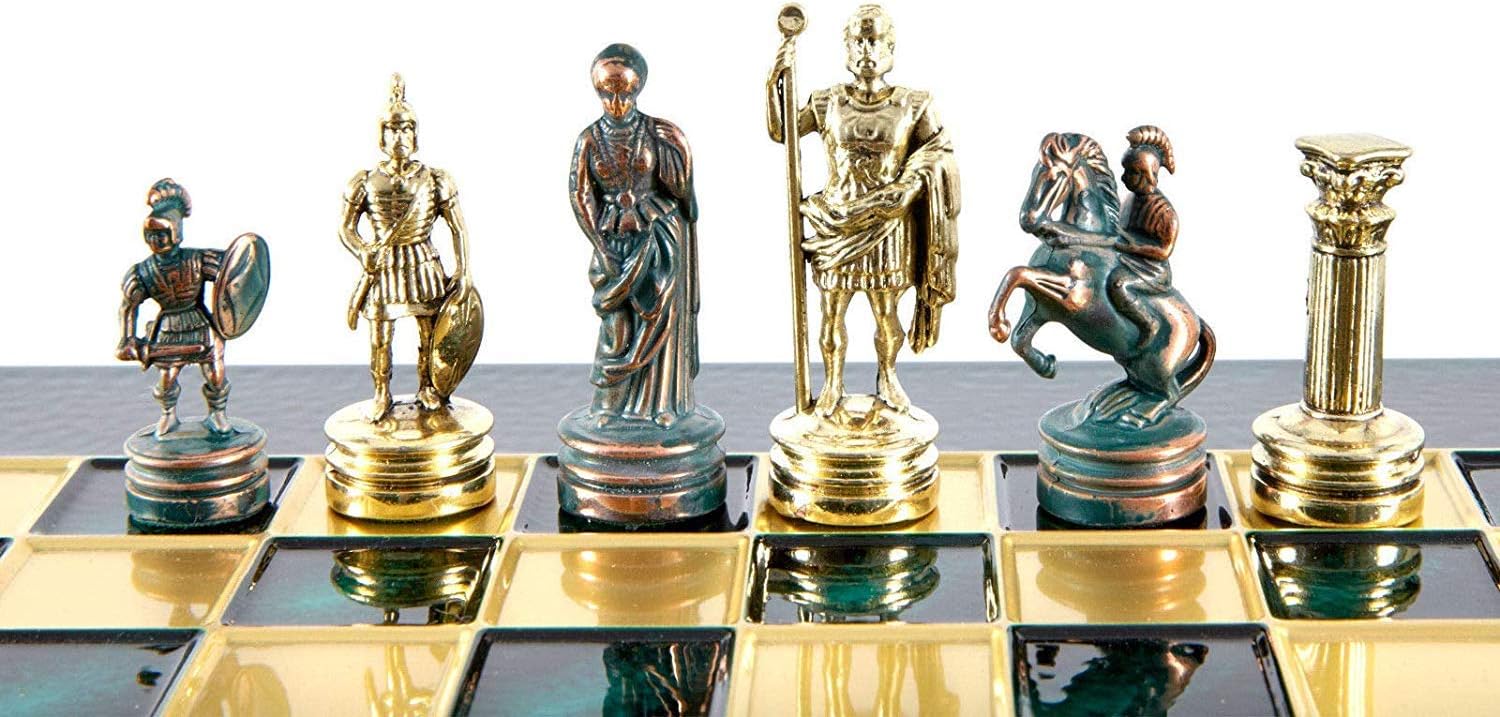 Manopoulos Greek Roman Army Chess Set - Brass&Green with Chess Board