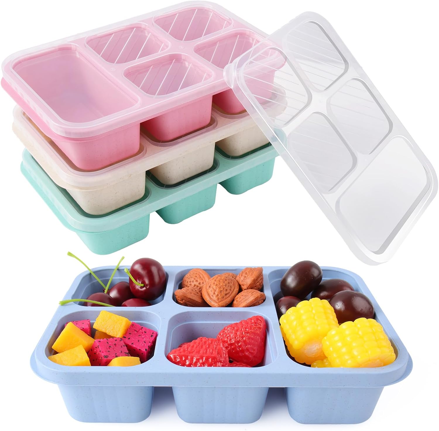 Philorn 4 Pack Snack Box with Compartments for Kids & Adults, Reusable Lunch Box with 5 Compartments, Leakproof Divided Bento Lunch Box for Travel School Work (Pink/Green/Beige/Blue)