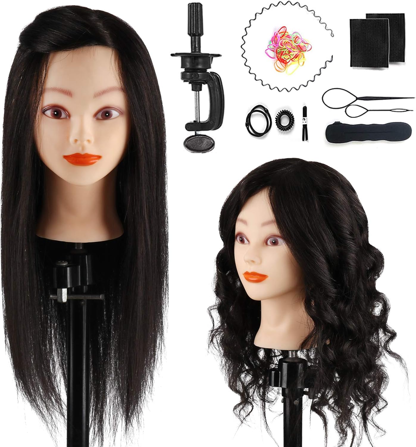 TopDirect Training Head 18inch 100% Real Hair Cosmetology Hairdressing Mannequin Manikin Doll with Table Clamp Holder + Braid Set, Black