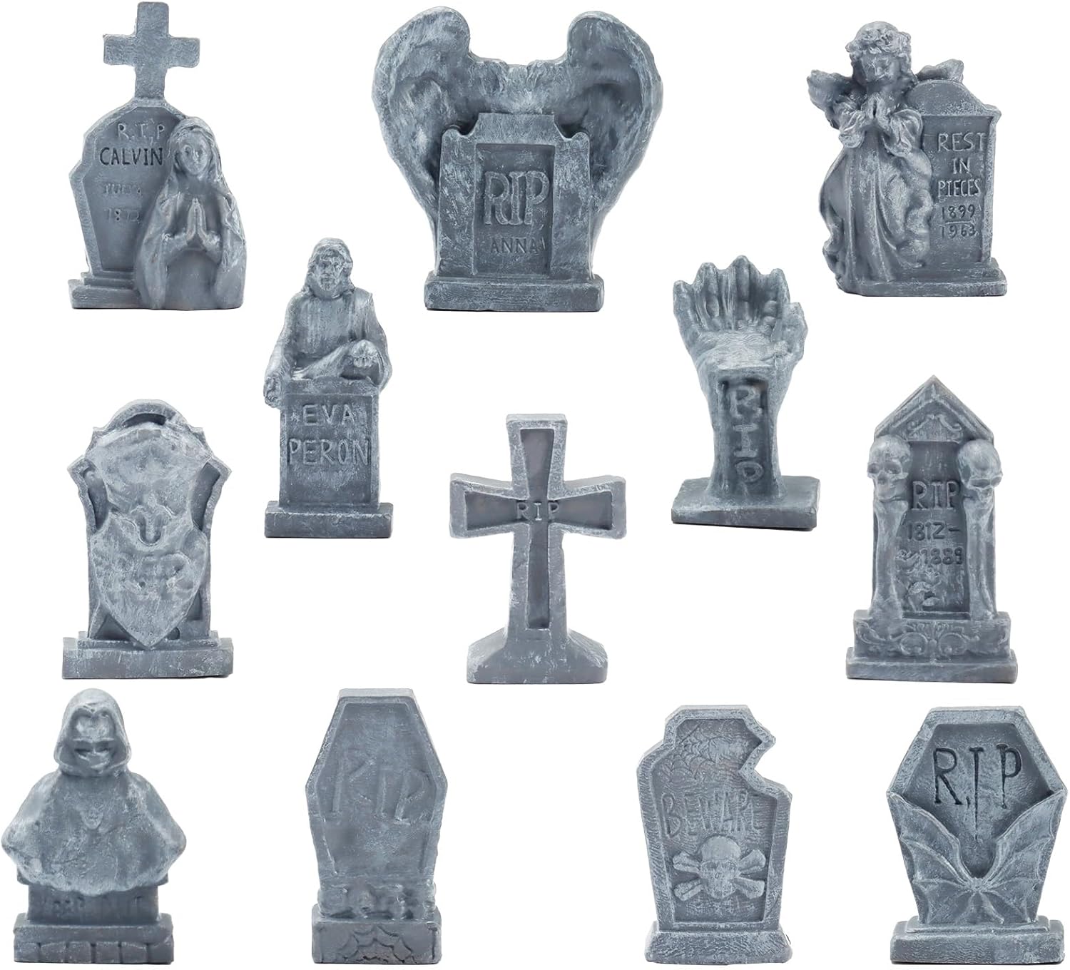Bbiamsleep 12 Pcs Miniature Tombstones Figurine Mini Resin Tombstones Gravestone Multiple Sizes Style for Mini House Graveyard Scene Diorama Crafts Halloween Decor Accessories, Gray