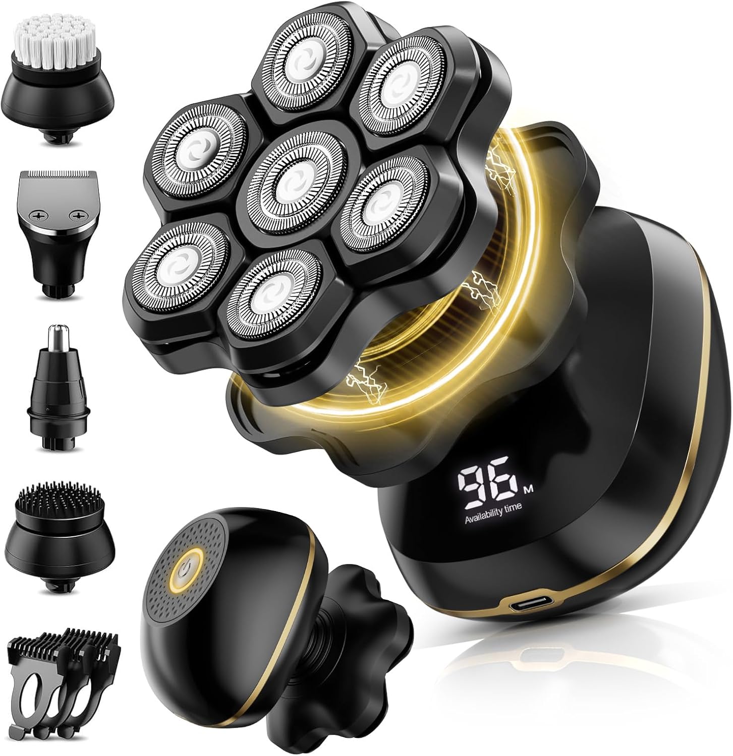 ROSSIFUR Head Shavers, Upgrade 6-in-1 Electric Head Shavers for Bald Men, Wet/Dry LED Display Rechargeable 7D Rotary Shaver Grooming Kit with Type-C Charge