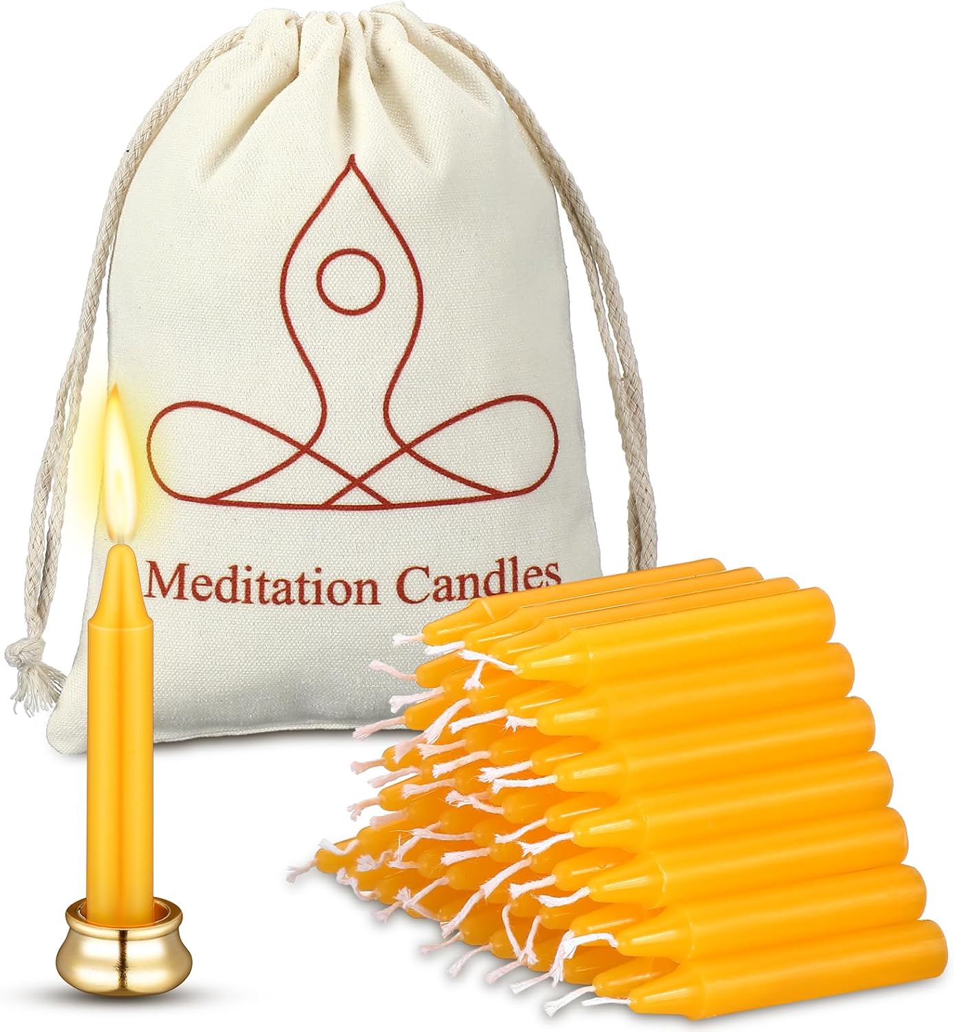 Threlaco 52 Pcs 30 Minute Mindful Meditation Candle Bulk Mini Taper Candles Ritual for Meditation with Brass Taper Holder Canvas Bag Prayer Gift for Yoga Relaxation