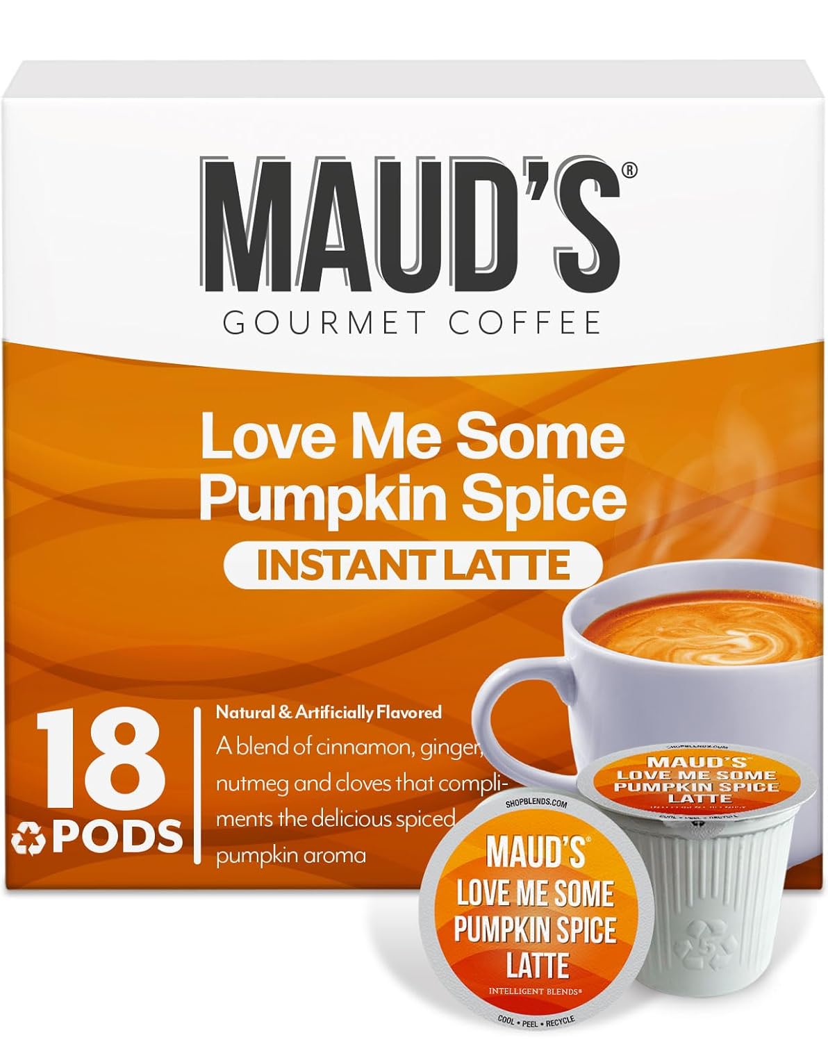 Maud's Pumpkin Spice Latte Flavored Coffee Pods, 18 ct, Medium Roast Flavored Coffee in Recyclable Single Serve Pods – 100% Arabica Beans, Compatible with Keurig K Cups Maker